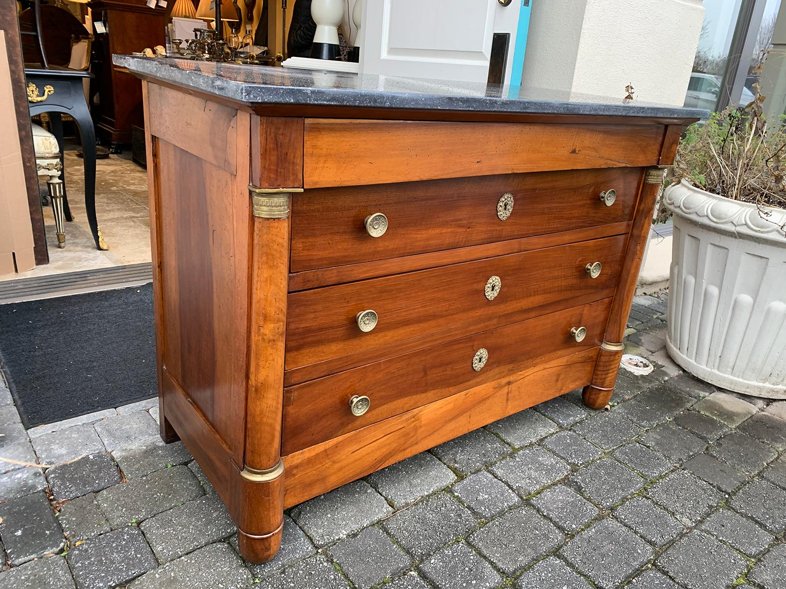 19th Century French Empire Walnut Commode with Old Fossilized Marble Top In Good Condition In Atlanta, GA