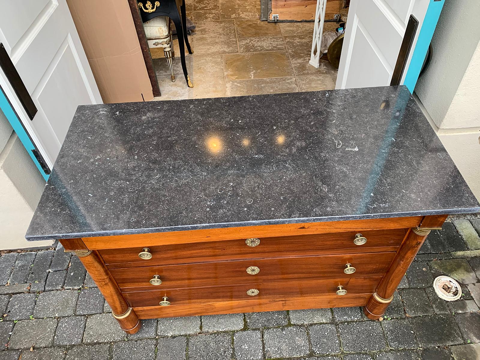 19th Century French Empire Walnut Commode with Old Fossilized Marble Top 1