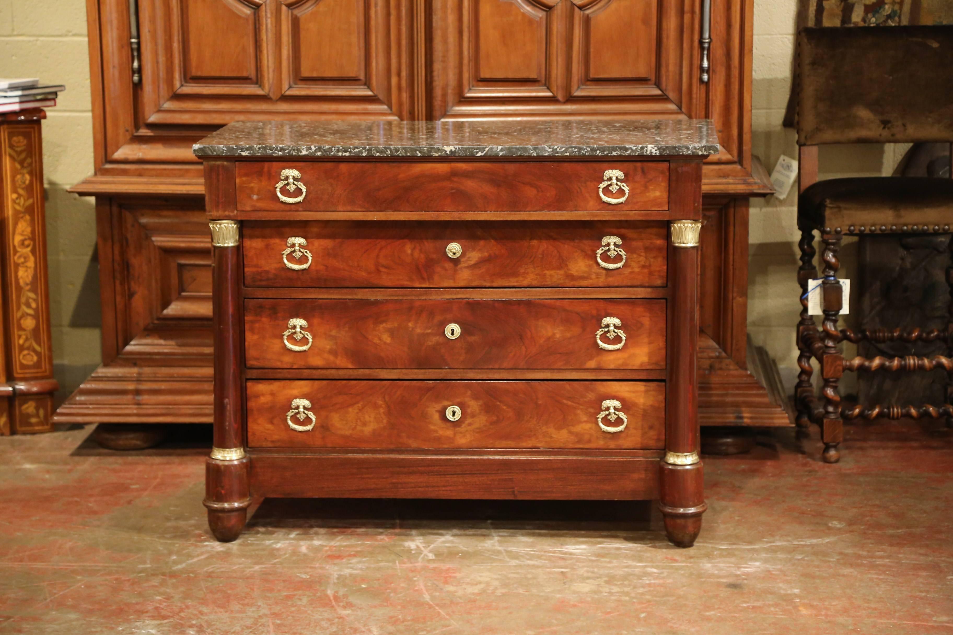 Hand-Carved 19th Century French Empire Walnut Four-Drawer Commode with Black Marble Top