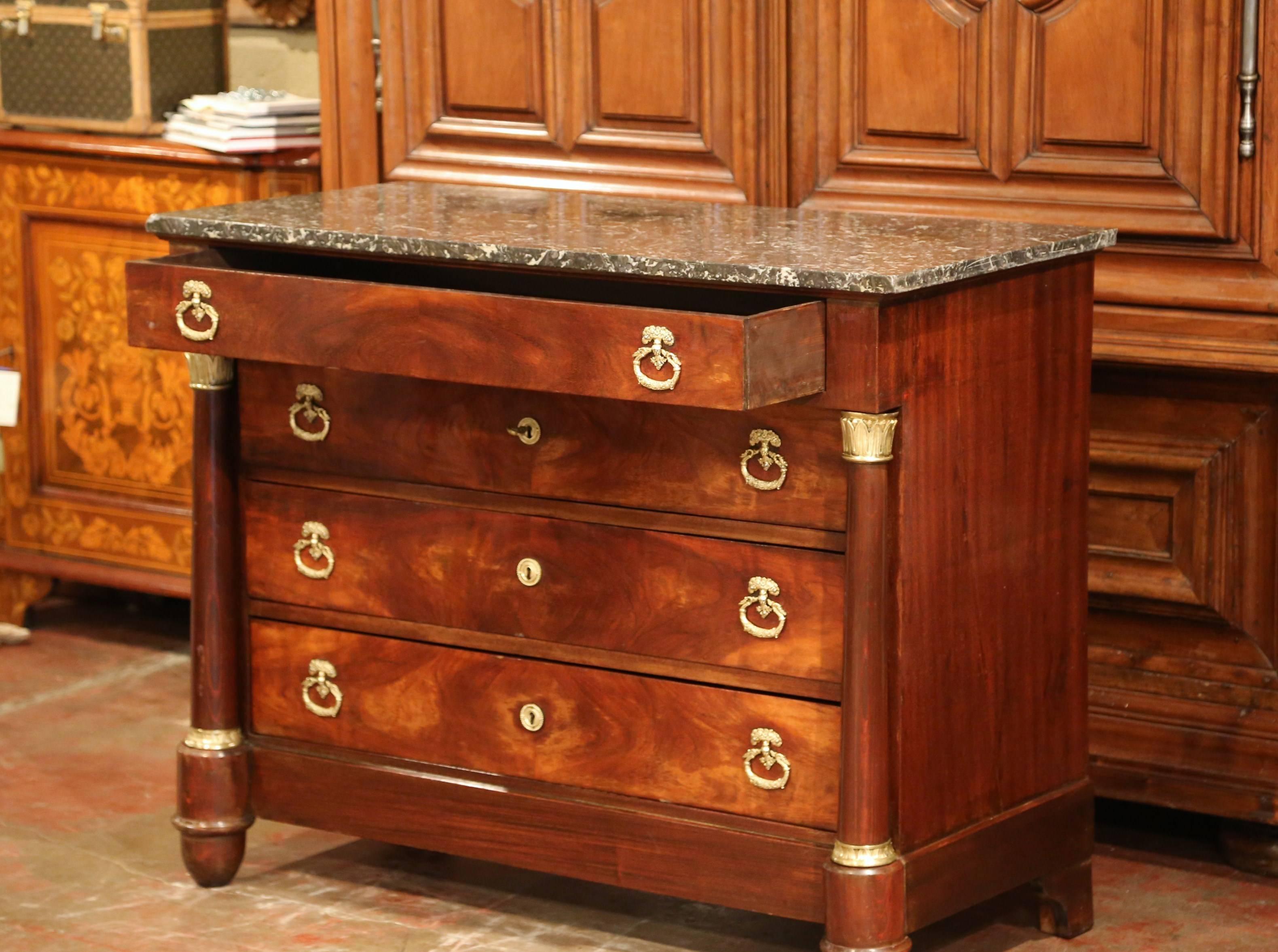 19th Century French Empire Walnut Four-Drawer Commode with Black Marble Top In Excellent Condition In Dallas, TX