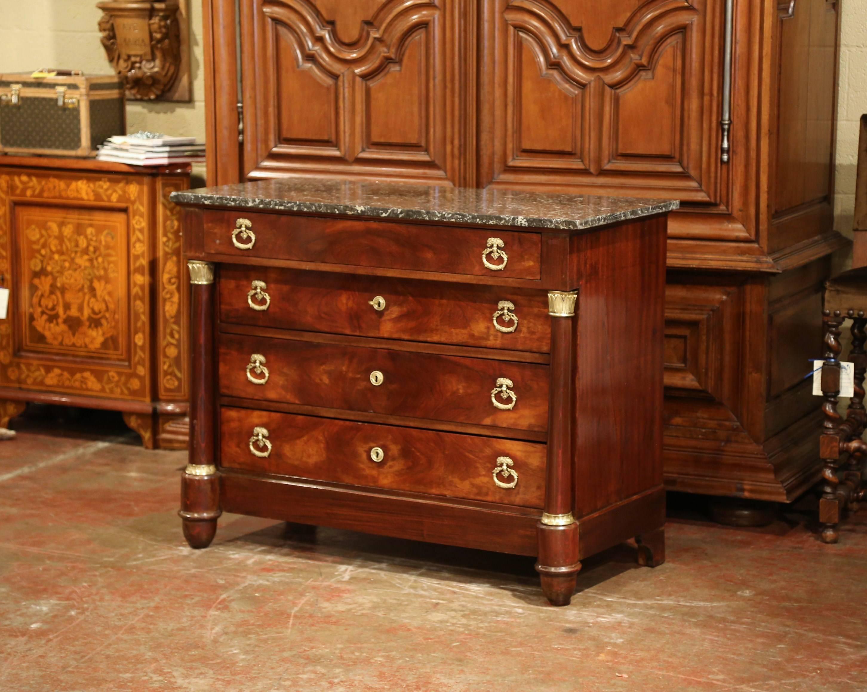 19th Century French Empire Walnut Four-Drawer Commode with Black Marble Top 1