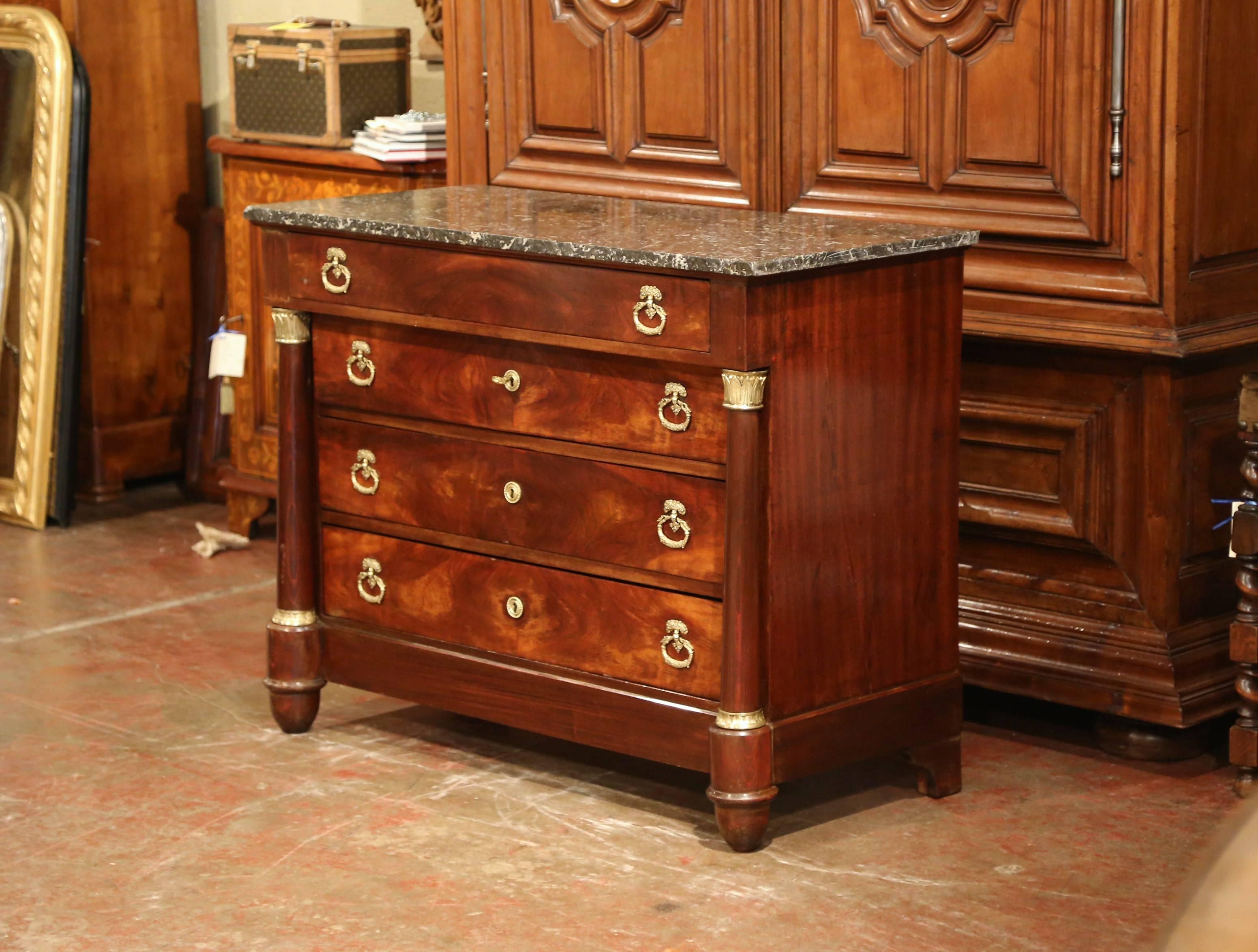 19th Century French Empire Walnut Four-Drawer Commode with Black Marble Top 4