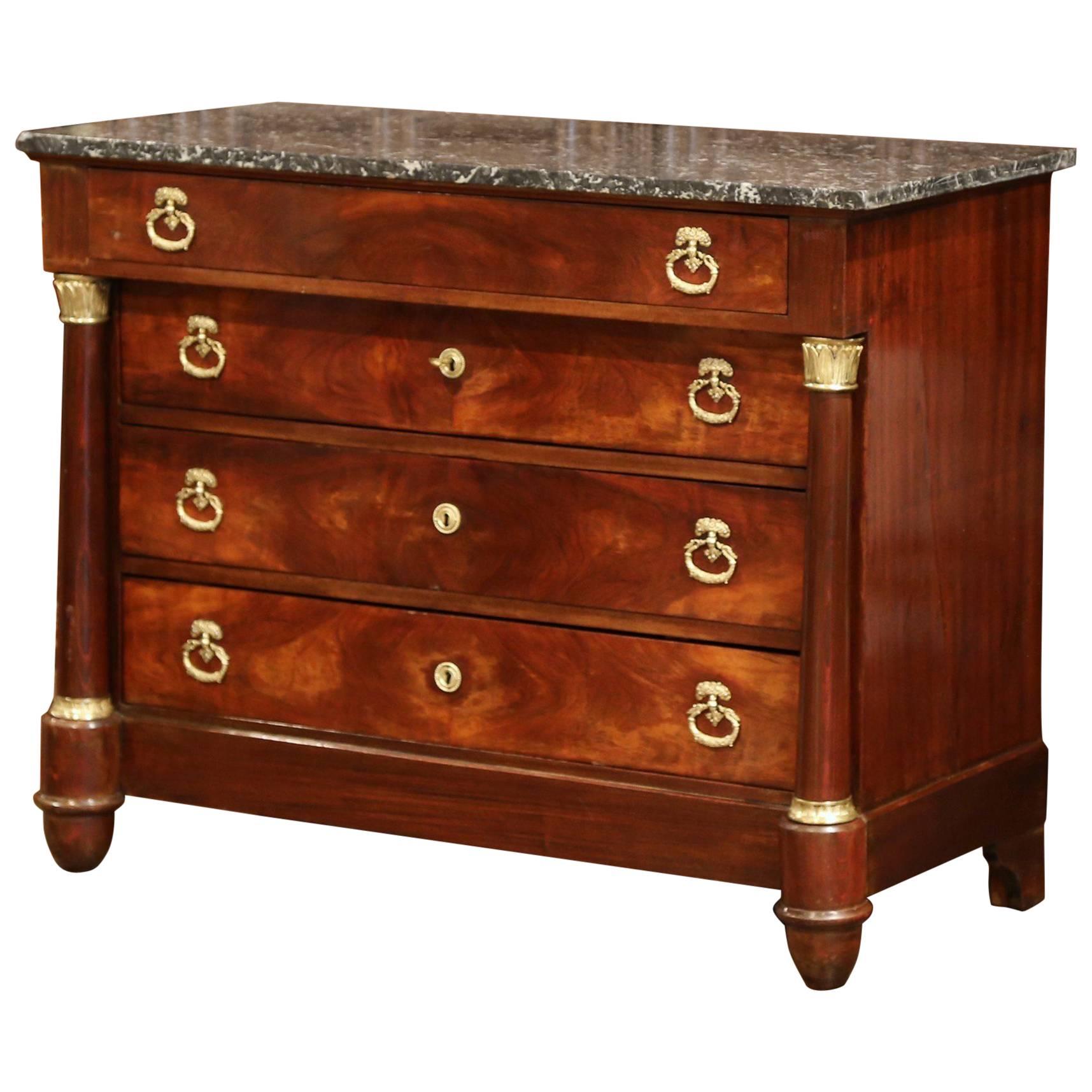 19th Century French Empire Walnut Four-Drawer Commode with Black Marble Top