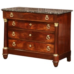 Antique 19th Century French Empire Walnut Four-Drawer Commode with Black Marble Top