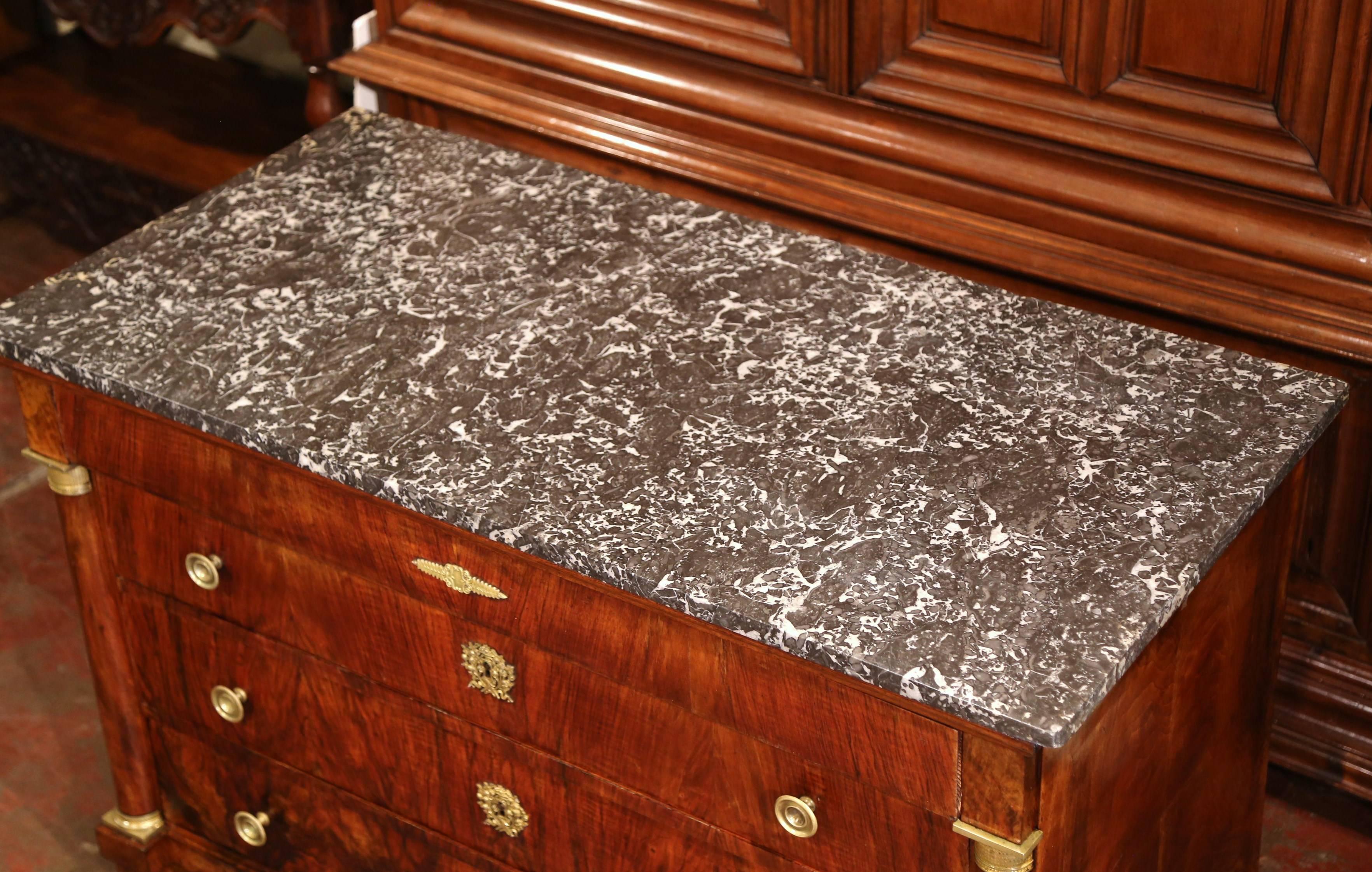 Hand-Carved 19th Century French Empire Walnut Four-Drawer Commode with Black & White Marble