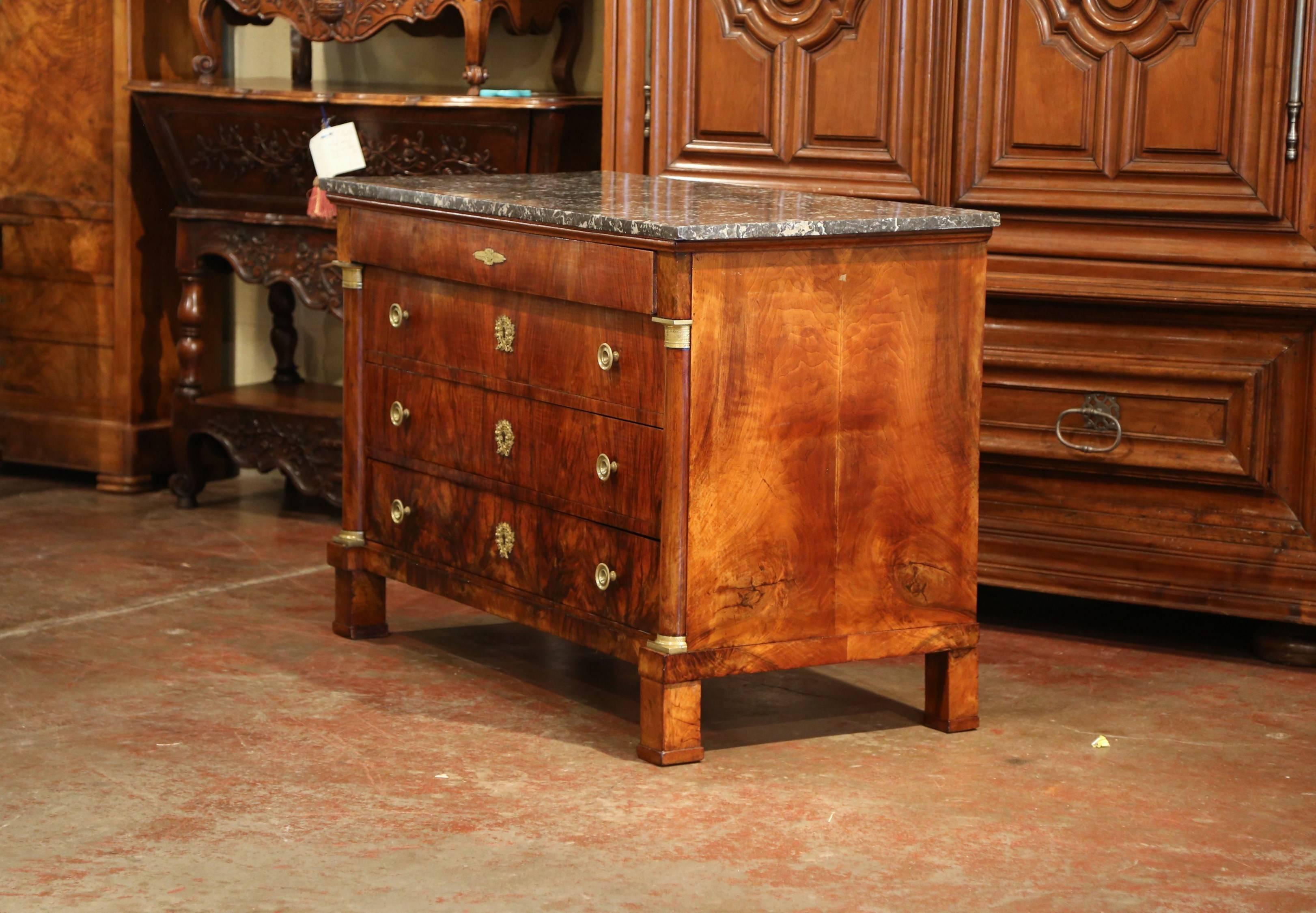 19th Century French Empire Walnut Four-Drawer Commode with Black & White Marble In Excellent Condition In Dallas, TX