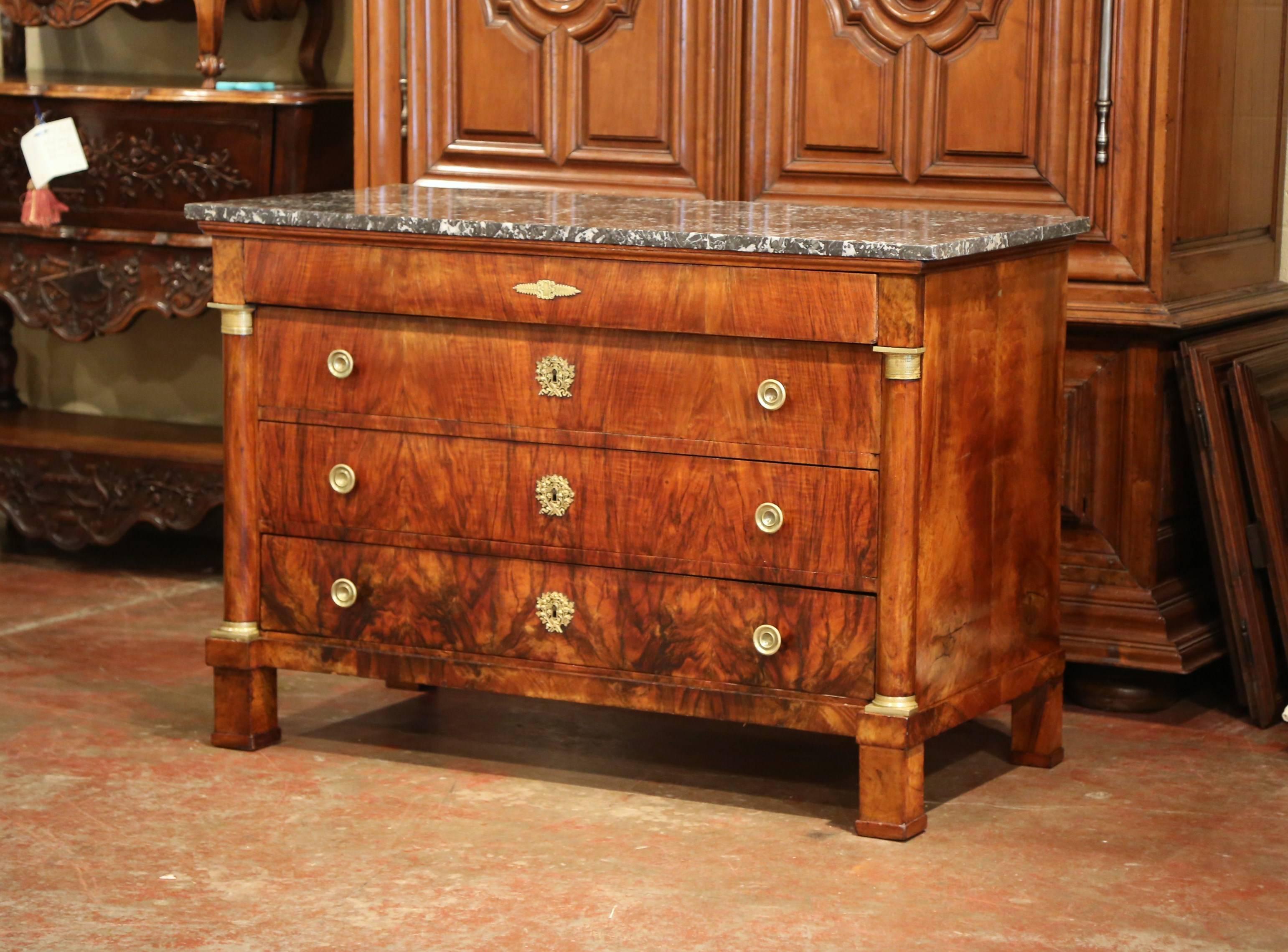 19th Century French Empire Walnut Four-Drawer Commode with Black & White Marble 1