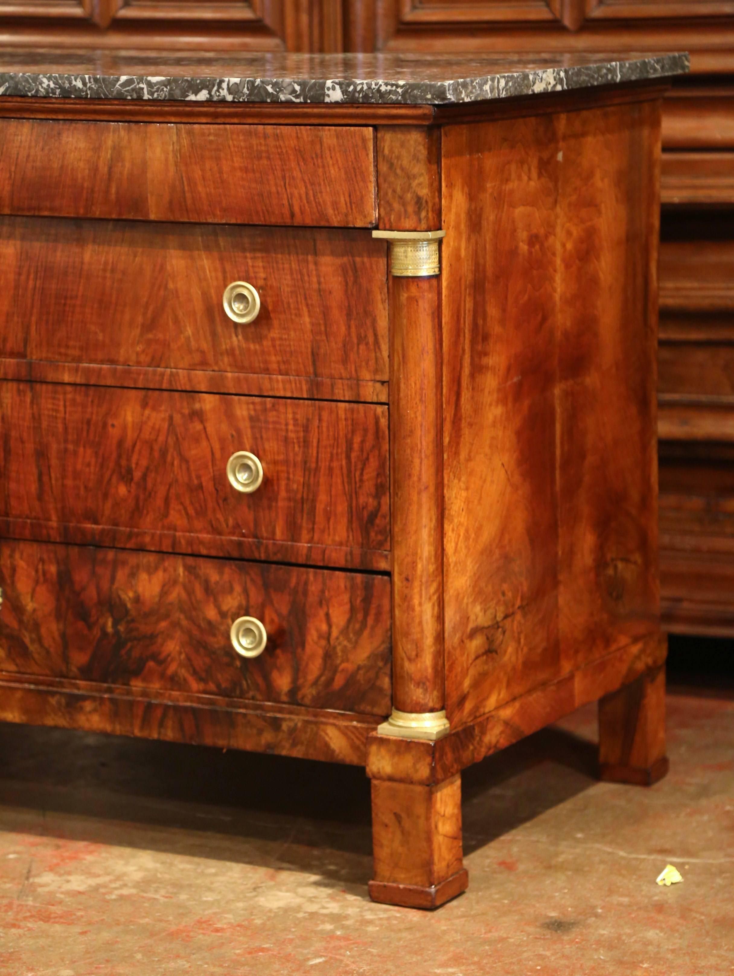 19th Century French Empire Walnut Four-Drawer Commode with Black & White Marble 2