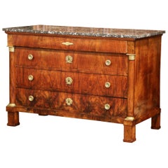 19th Century French Empire Walnut Four-Drawer Commode with Black & White Marble