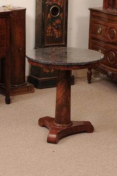 19th Century French Empire Walnut Gueridon with Grey Marble Top & Pedestal Base