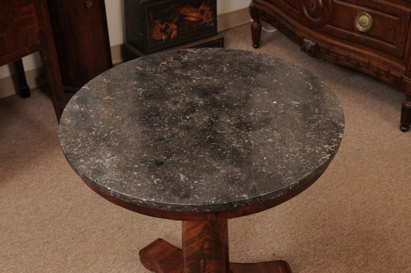 19th Century French Empire Walnut Gueridon with Grey Marble Top & Pedestal Base 2