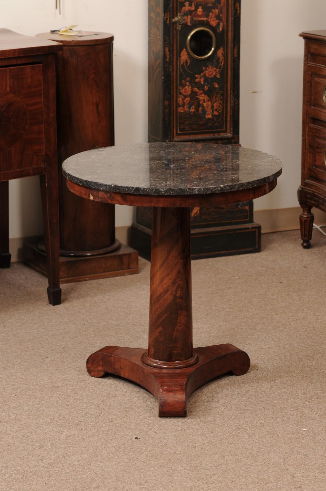 19th Century French Empire Walnut Gueridon with Grey Marble Top & Pedestal Base 4