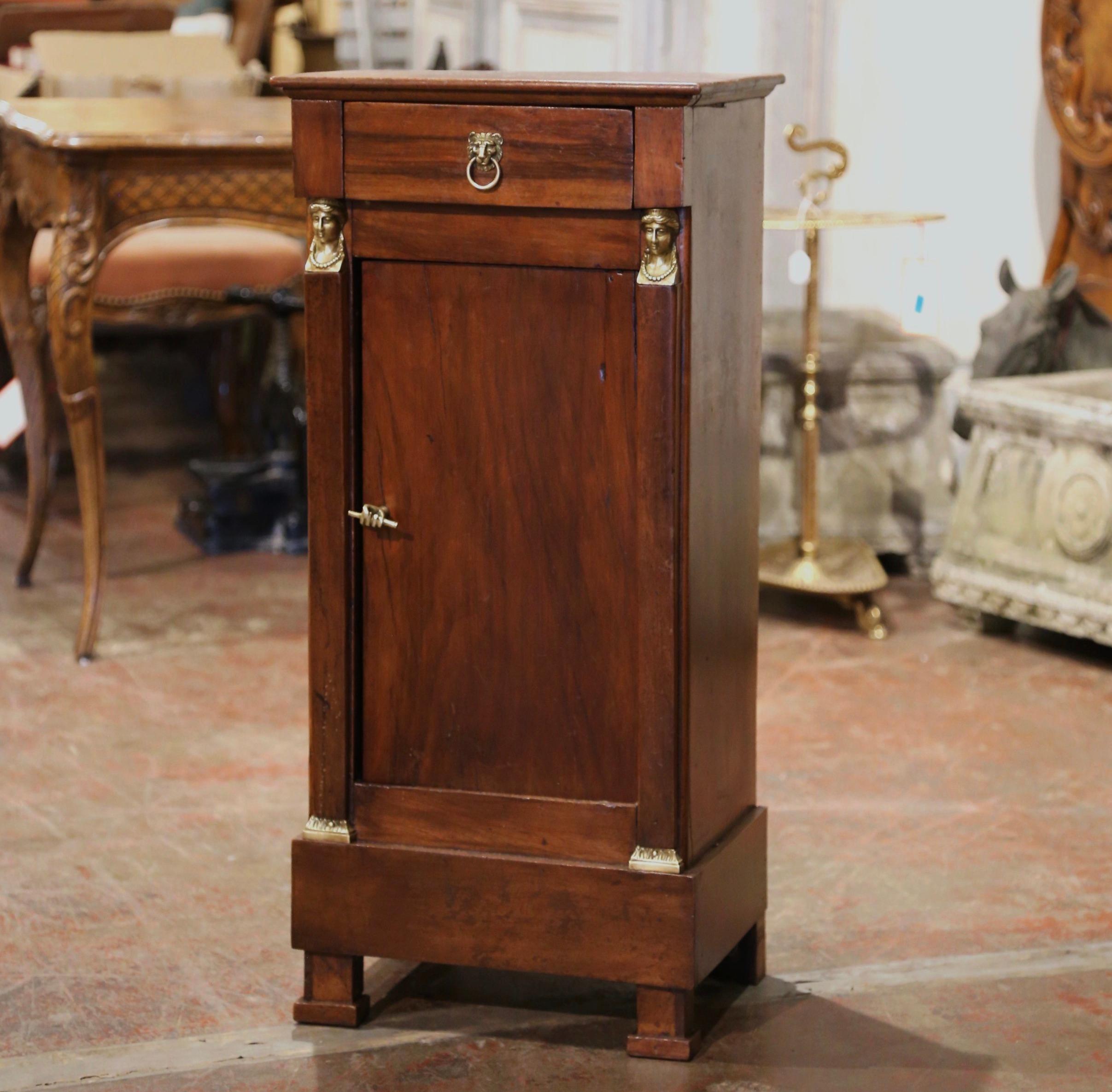 Hand-Crafted 19th Century French Empire Walnut Nightstand Bedside Table with Bronze Mounts