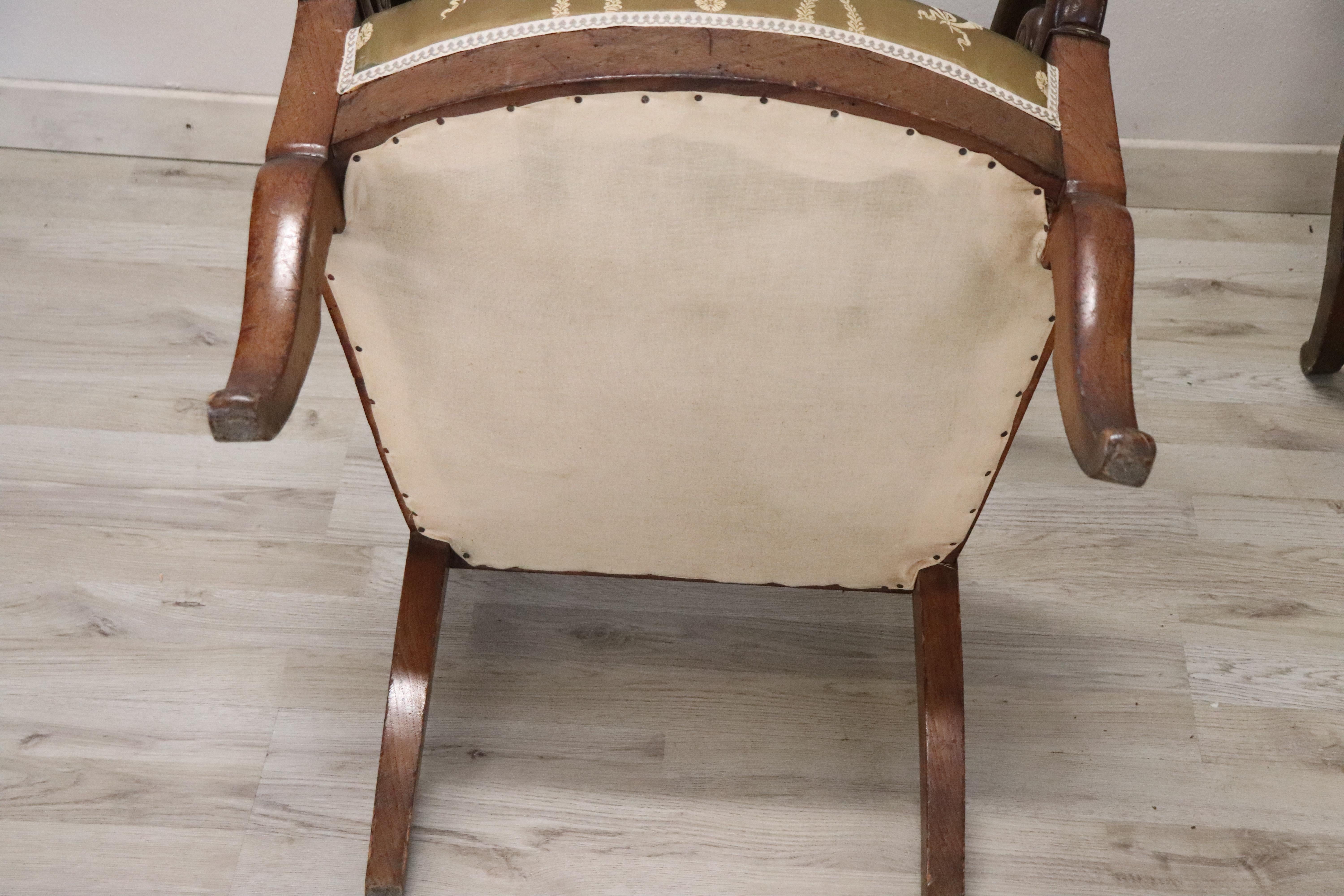 19th Century French Empire Walnut Pair of Armchairs with Volute Arms 7