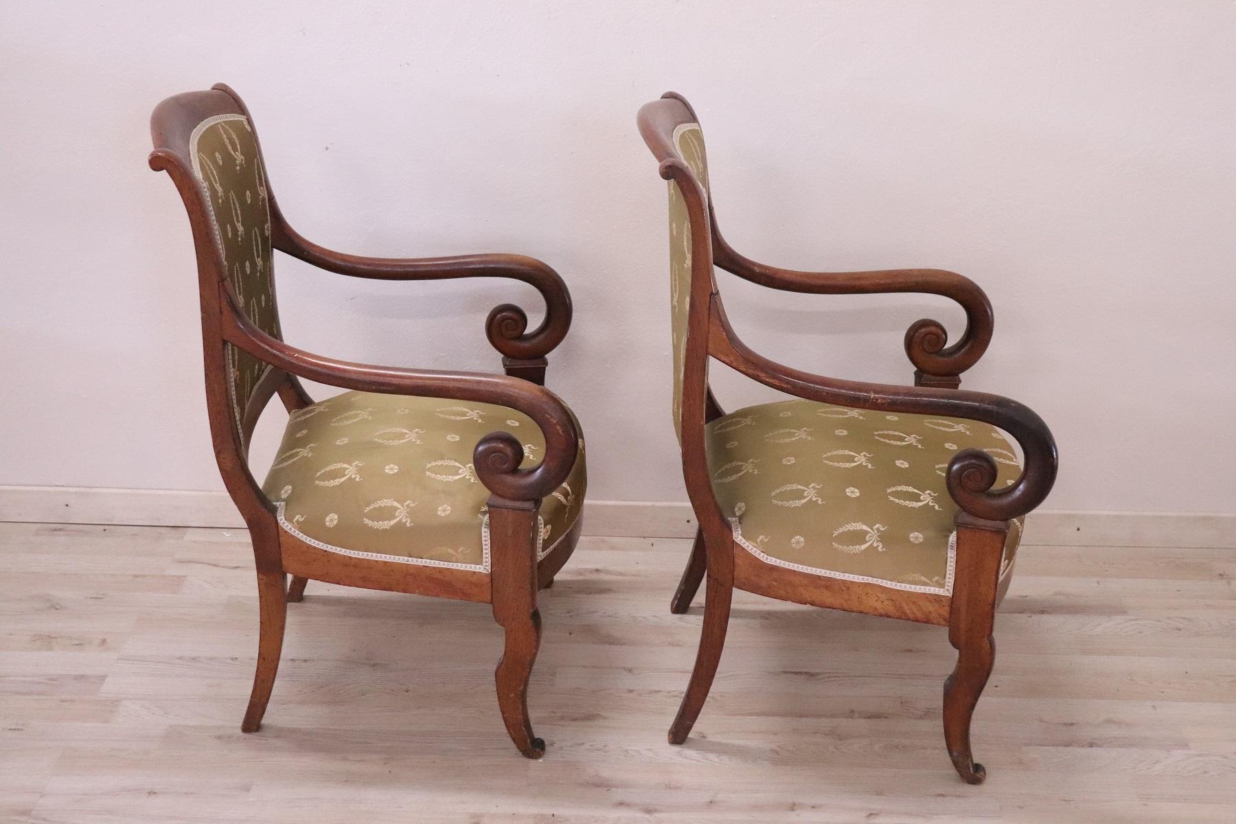 Early 19th Century 19th Century French Empire Walnut Pair of Armchairs with Volute Arms