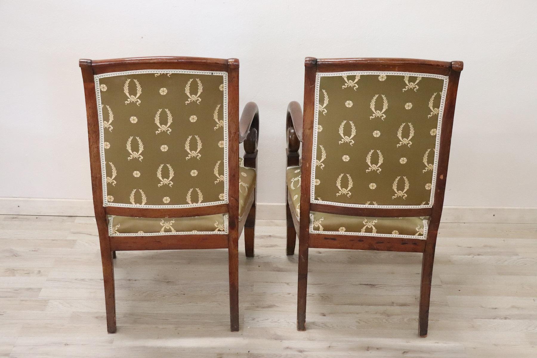19th Century French Empire Walnut Pair of Armchairs with Volute Arms 1