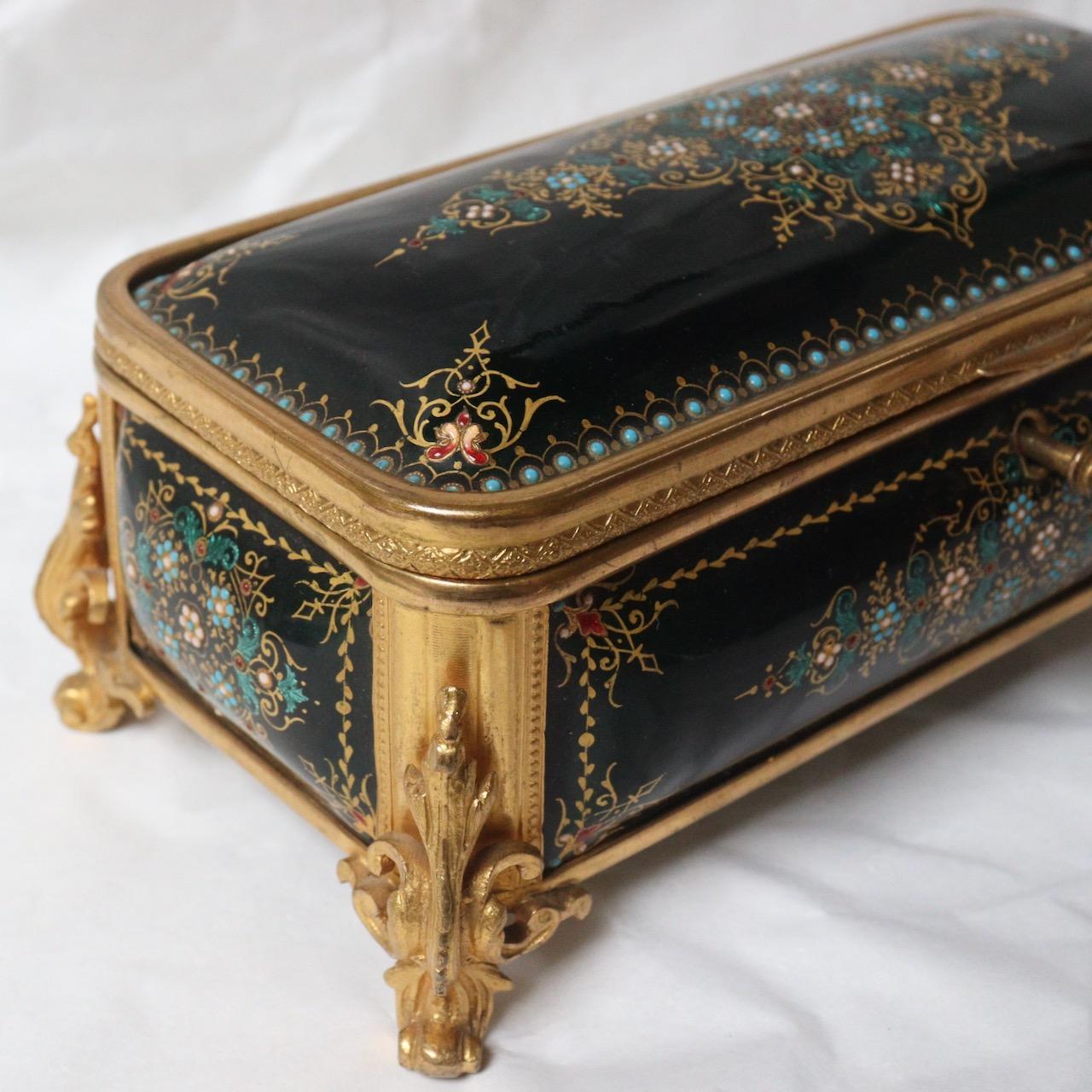 Gilt 19th Century French Enamel and Ormolu-Mounted Jewelry Casket