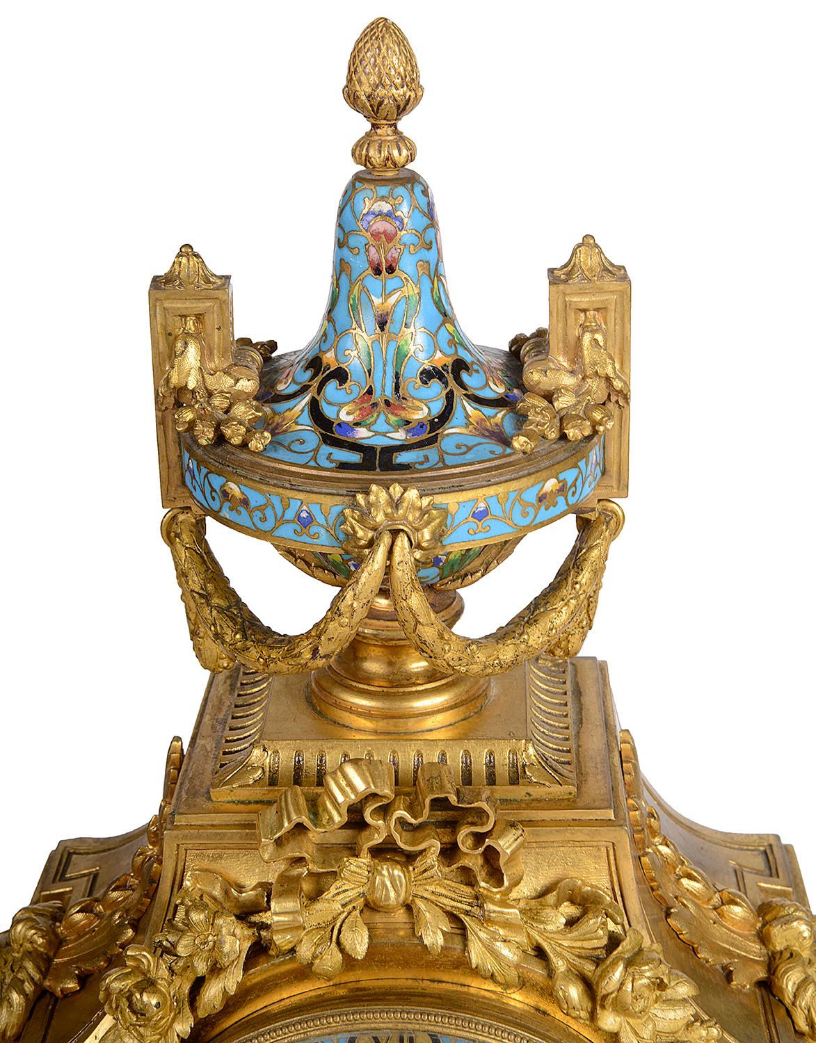 Gilt 19th Century French Enamel Clock Set For Sale