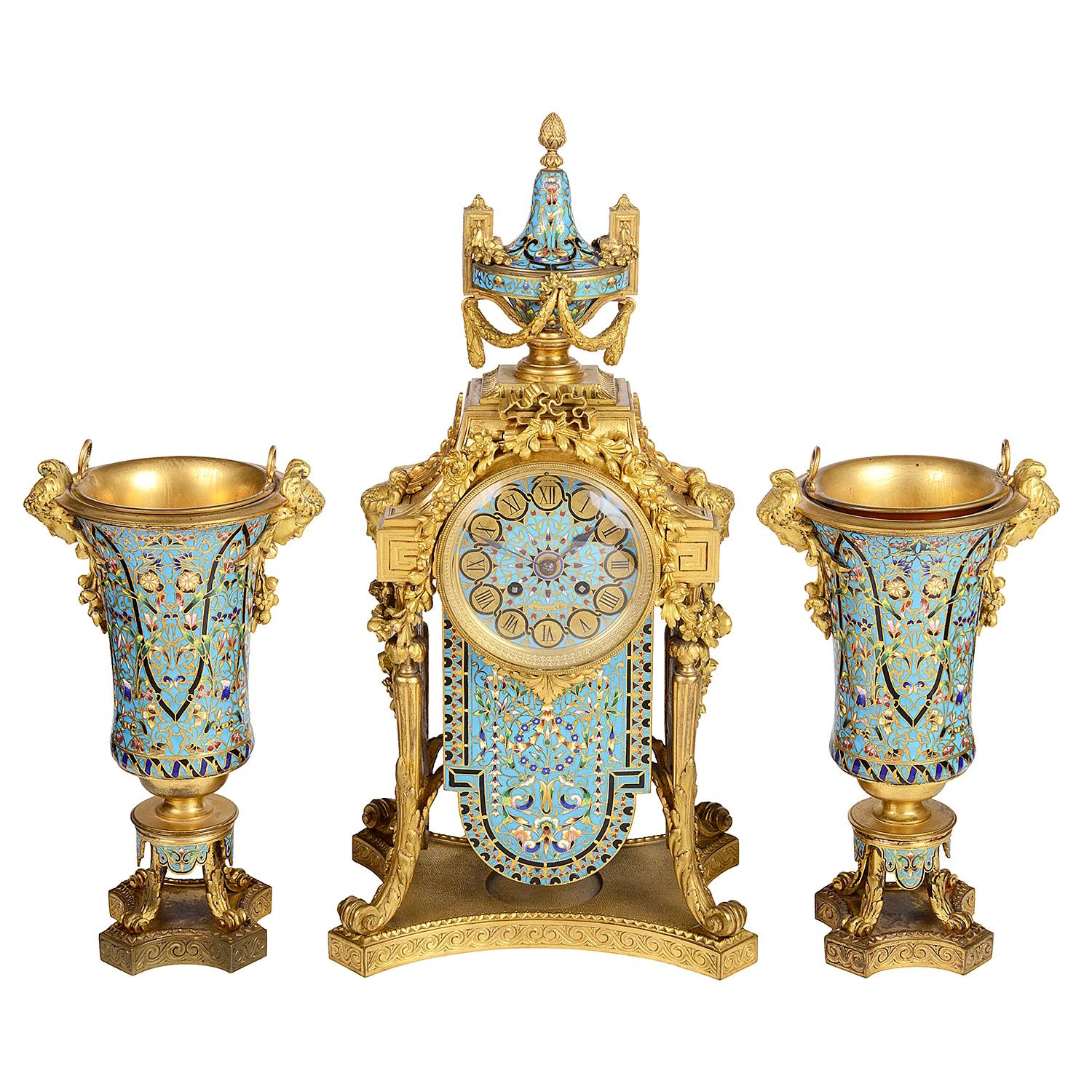 19th Century French Enamel Clock Set For Sale