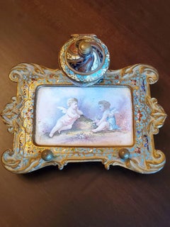 19th Century French Enameled Champlevé Inkwell
