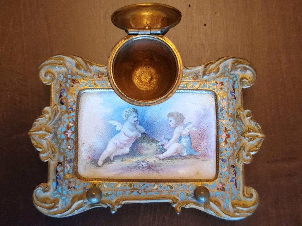 19th Century French Enameled Champlevé Inkwell In Good Condition For Sale In Forney, TX