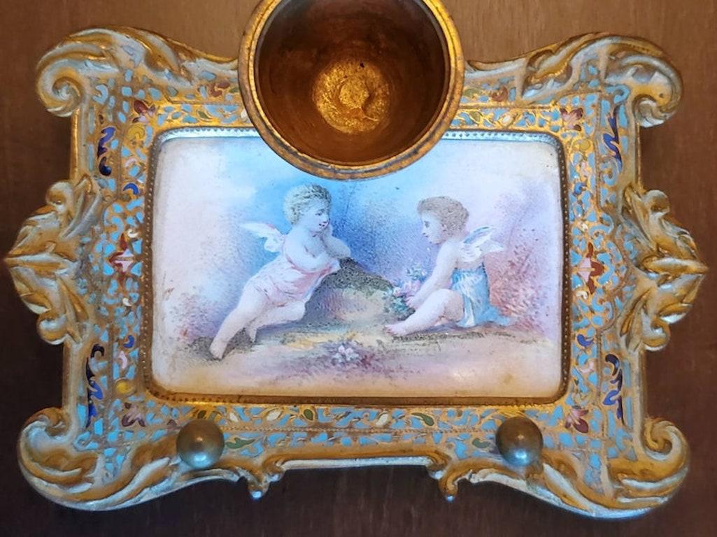 Bronze 19th Century French Enameled Champlevé Inkwell For Sale