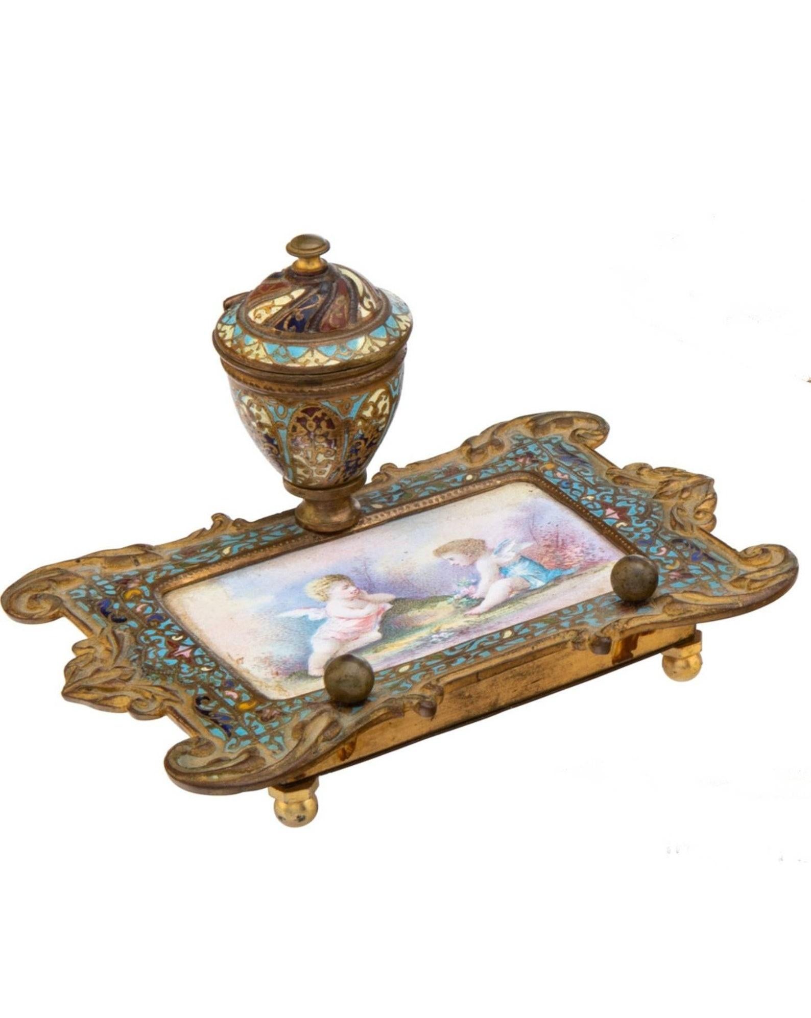 19th Century French Enameled Champlevé Inkwell For Sale 7