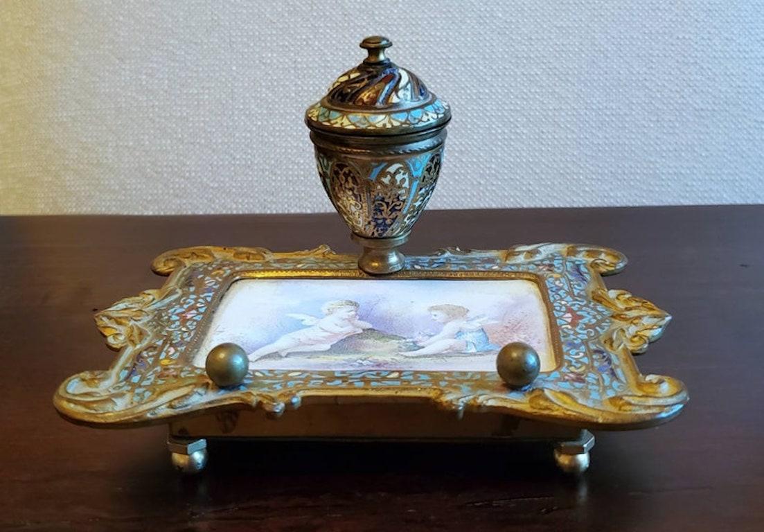 19th Century French Enameled Champlevé Inkwell For Sale 4