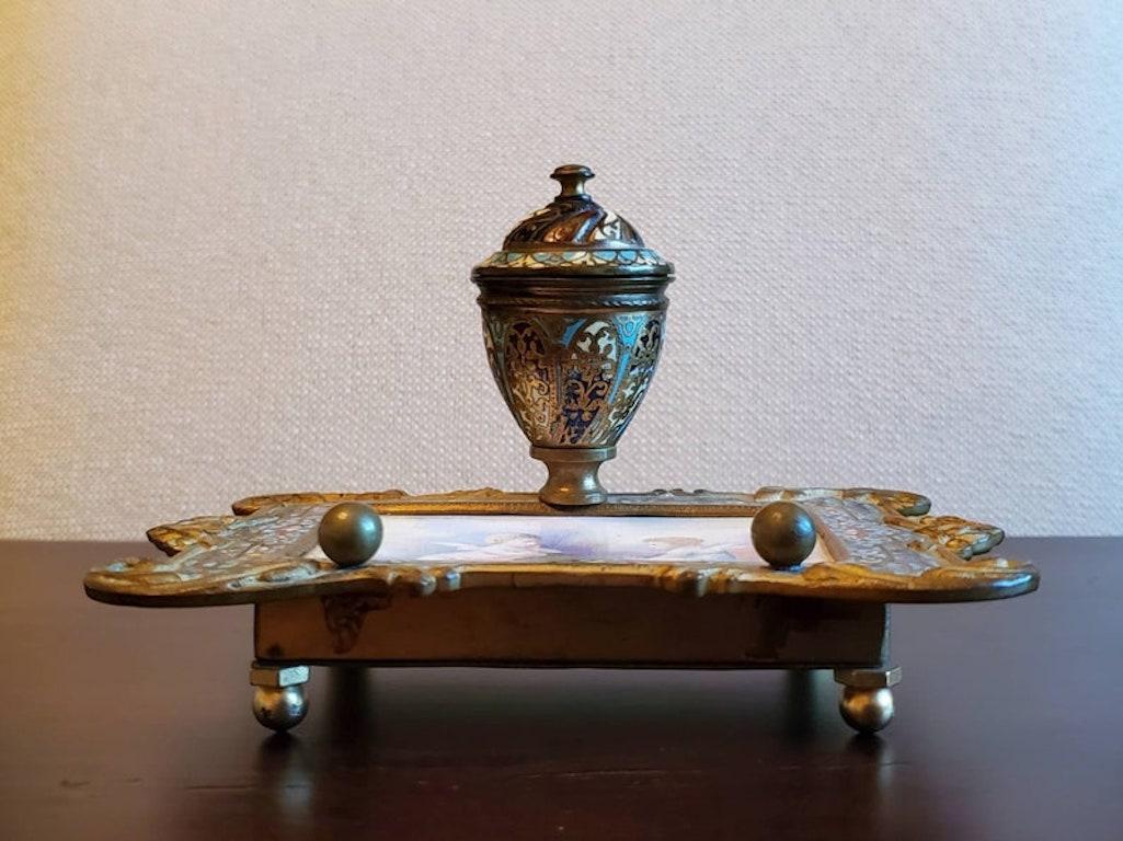 19th Century French Enameled Champlevé Inkwell For Sale 5