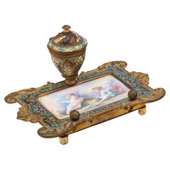 19th Century French Enameled Champlevé Inkwell