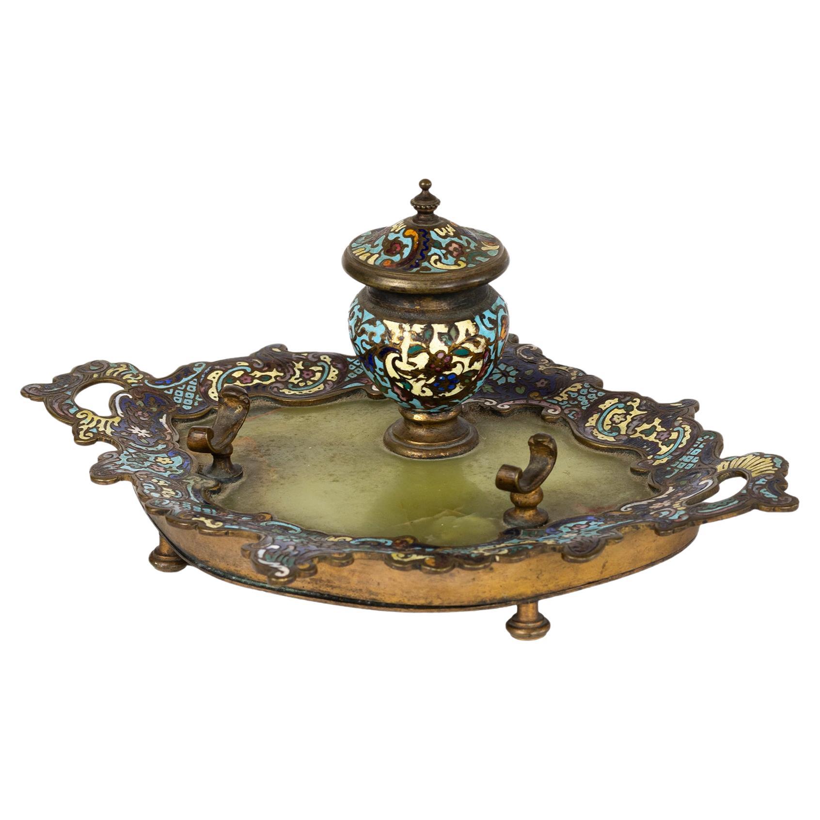 19th Century French Enameled Champlevé Inkwell For Sale