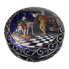 19th Century French Enameled Cobalt Blue Dresser Box Depicting Chess Match
