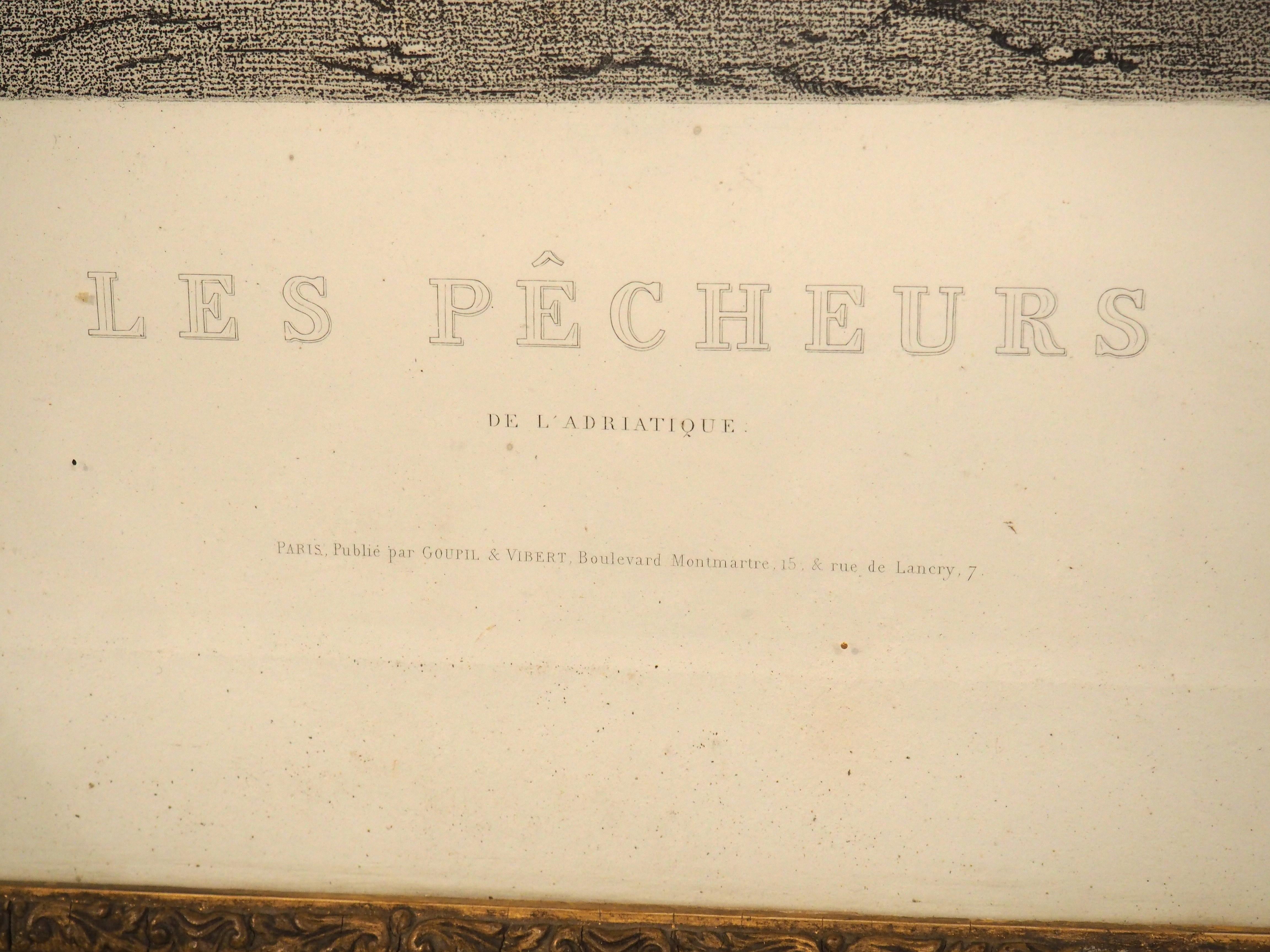 Gravure française du 19e siècle dans un cadre en bois doré, « Les pêcheurs de l' Adriatique » en vente 3