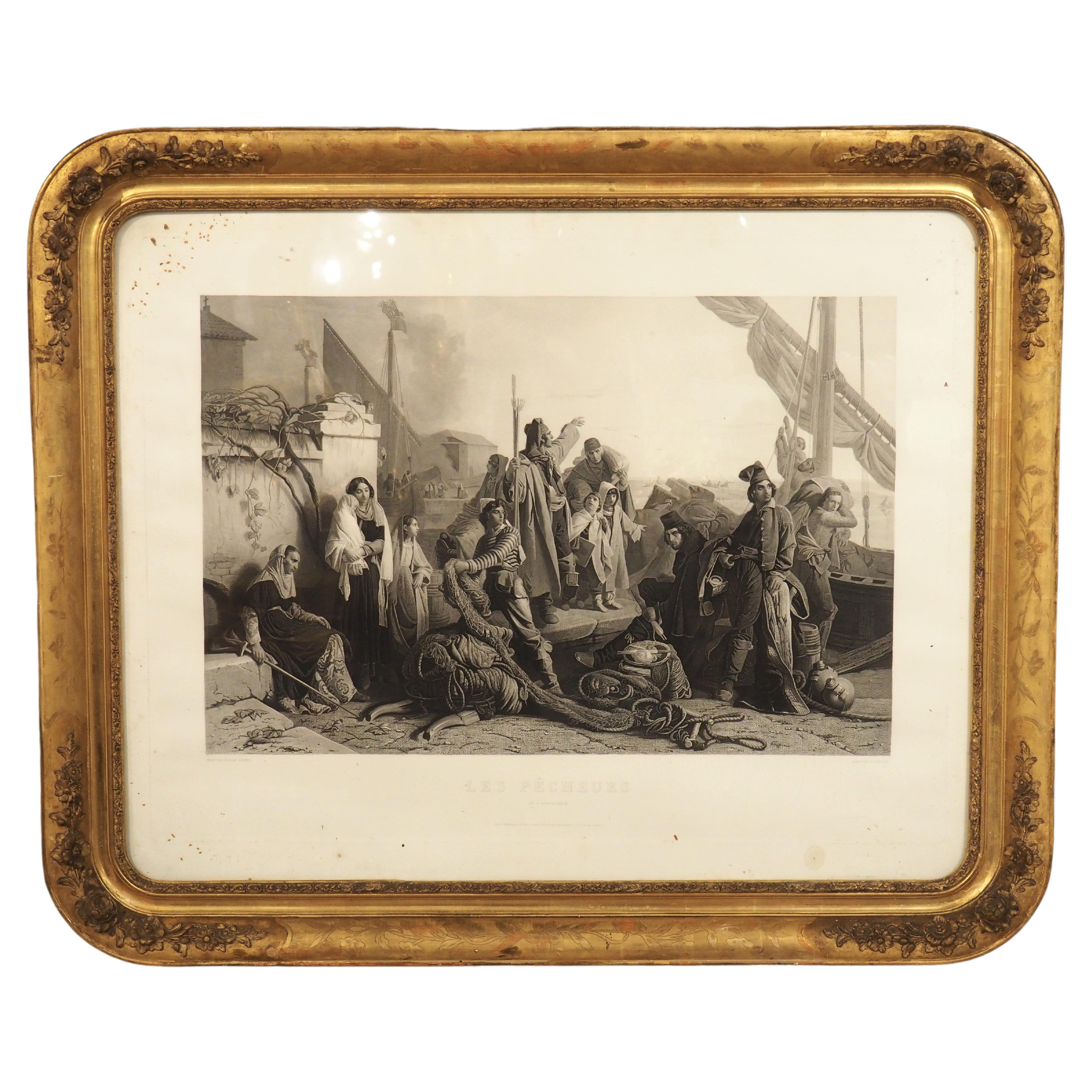 Gravure française du 19e siècle dans un cadre en bois doré, « Les pêcheurs de l' Adriatique »