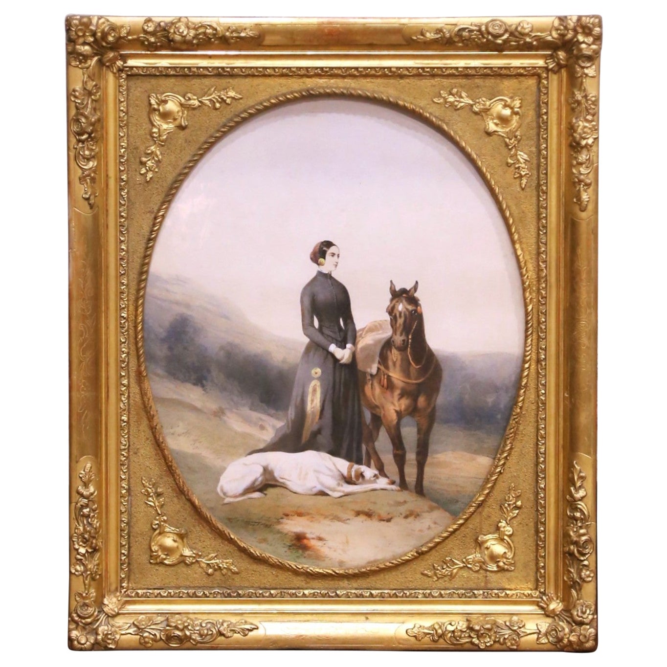 Portrait équestre français du 19e siècle d'une dame avec un cheval et un chien dans un cadre sculpté