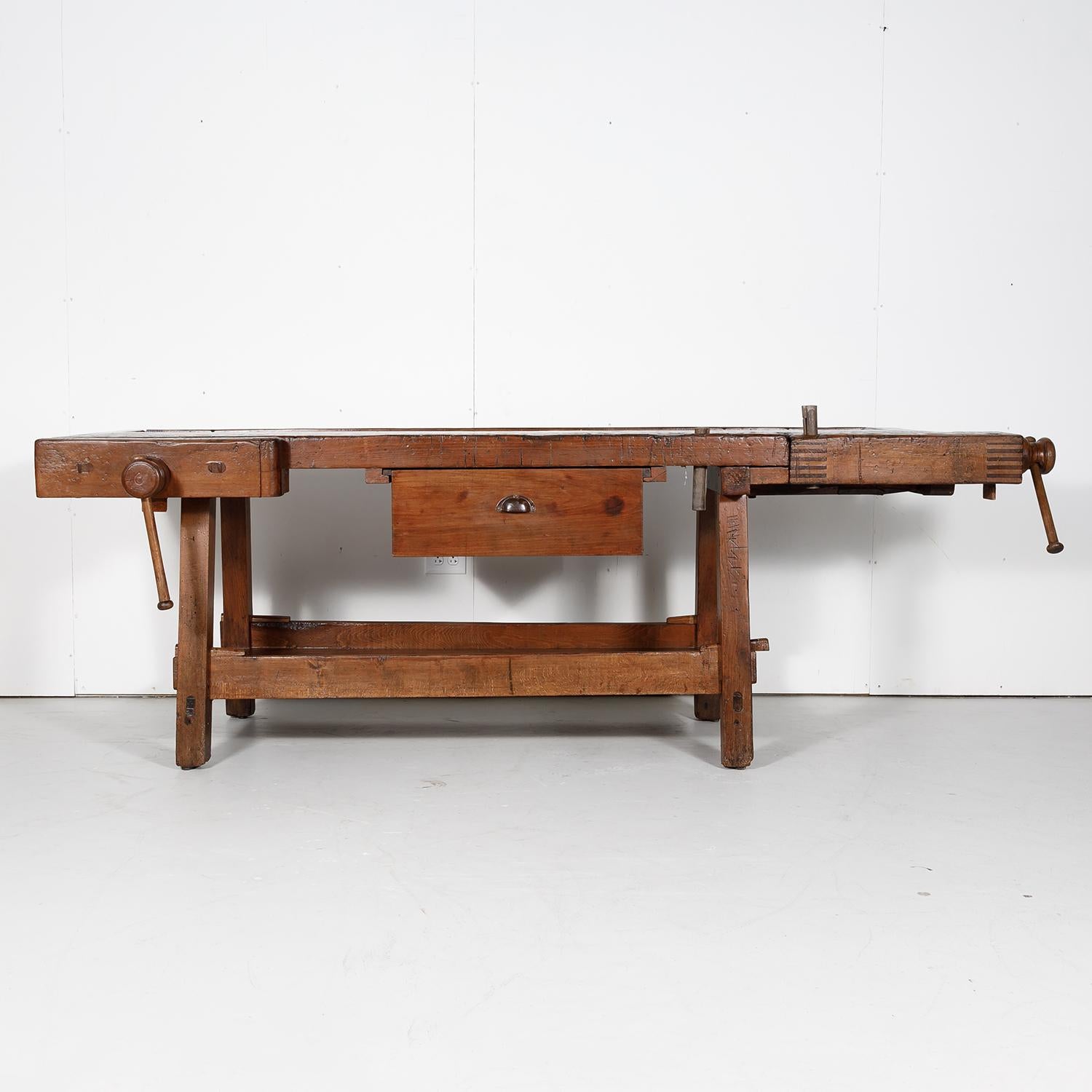 19th Century French Etabli or Carpenter’s Workbench with Two Vises In Good Condition In Birmingham, AL