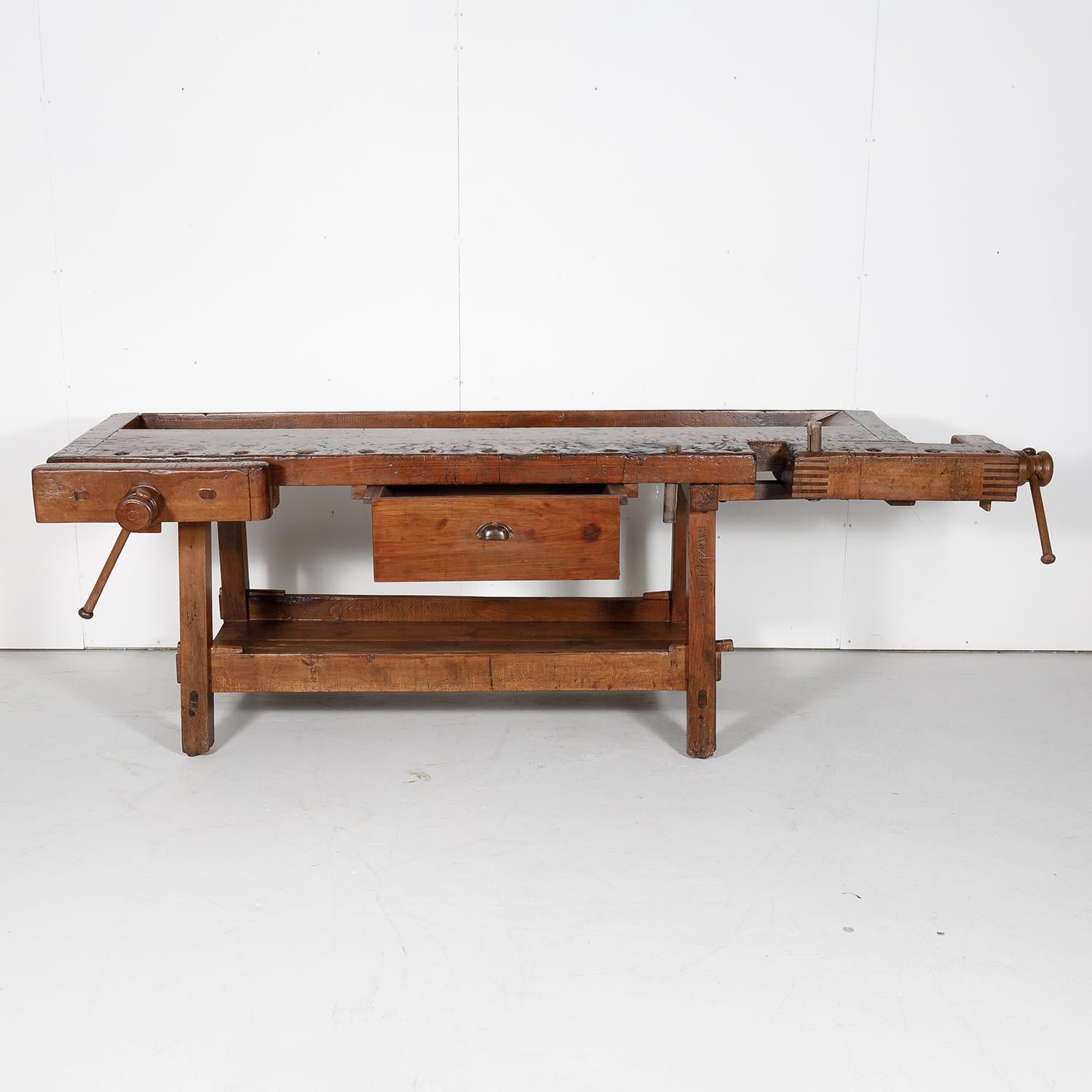 Pine 19th Century French Etabli or Carpenter’s Workbench with Two Vises