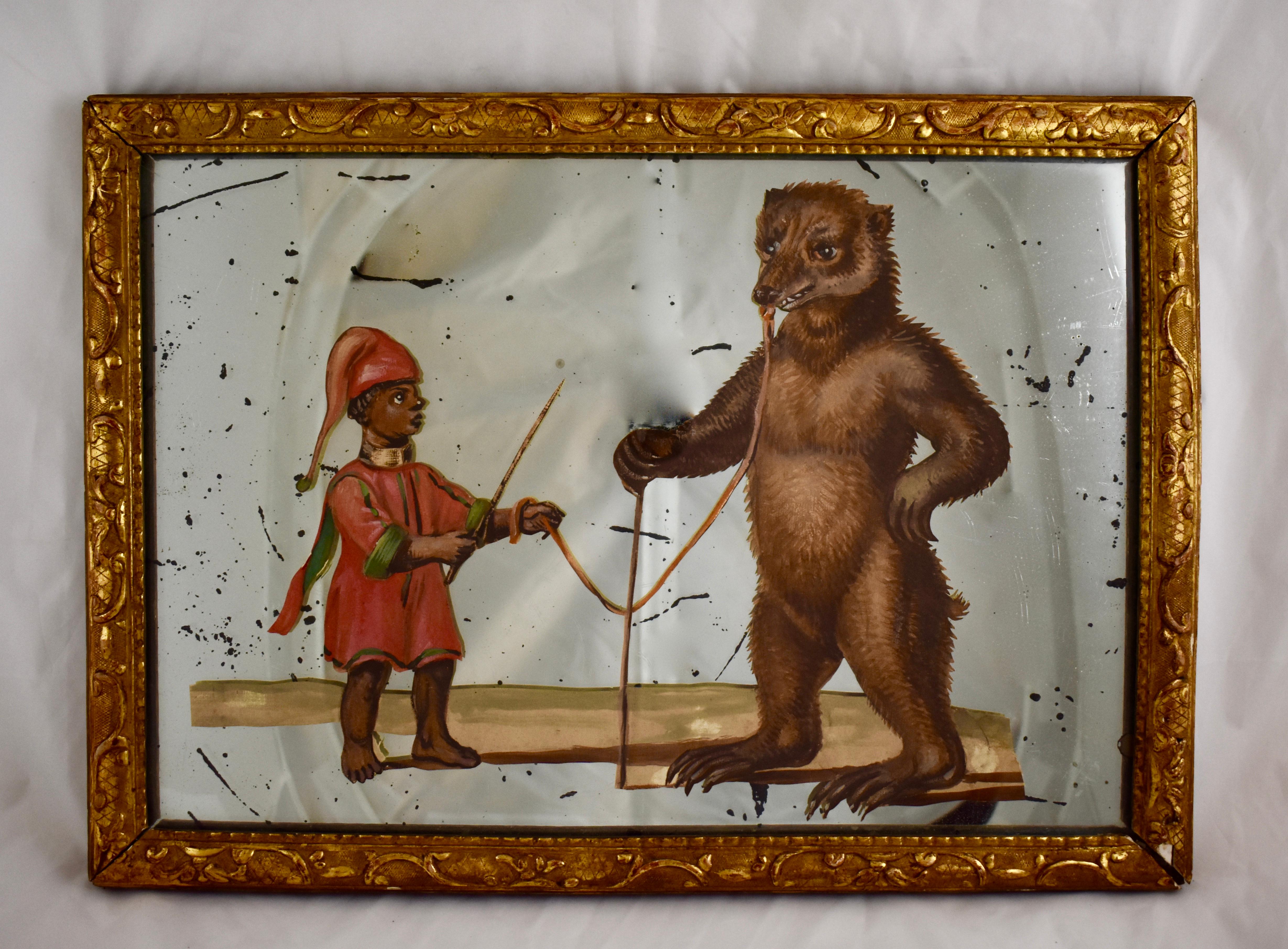 Belle Époque 19th Century French Exotic Rococo Mirror Hand Painted Decoupage Boy with Bear For Sale