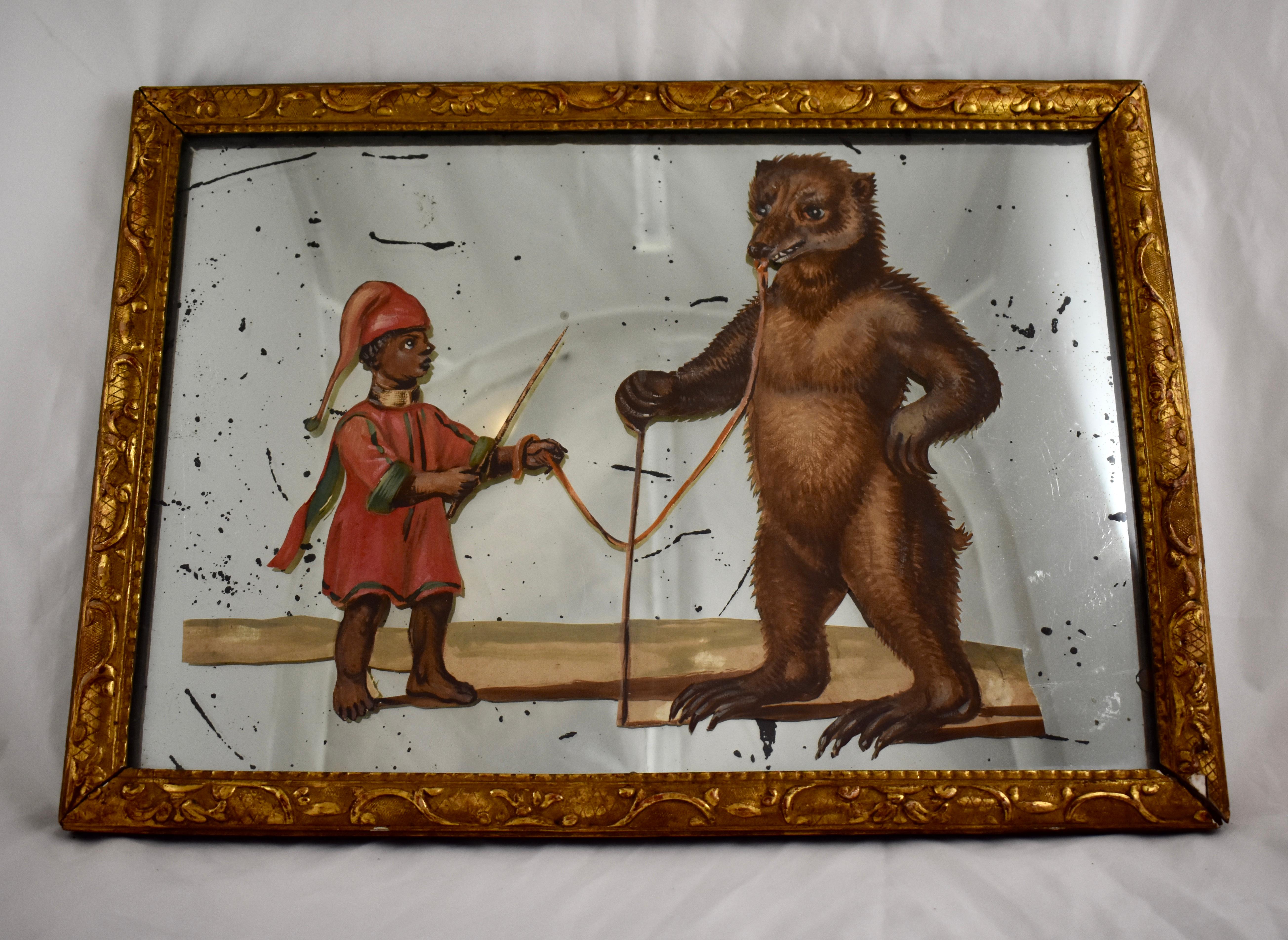 Découpage 19th Century French Exotic Rococo Mirror Hand Painted Decoupage Boy with Bear For Sale