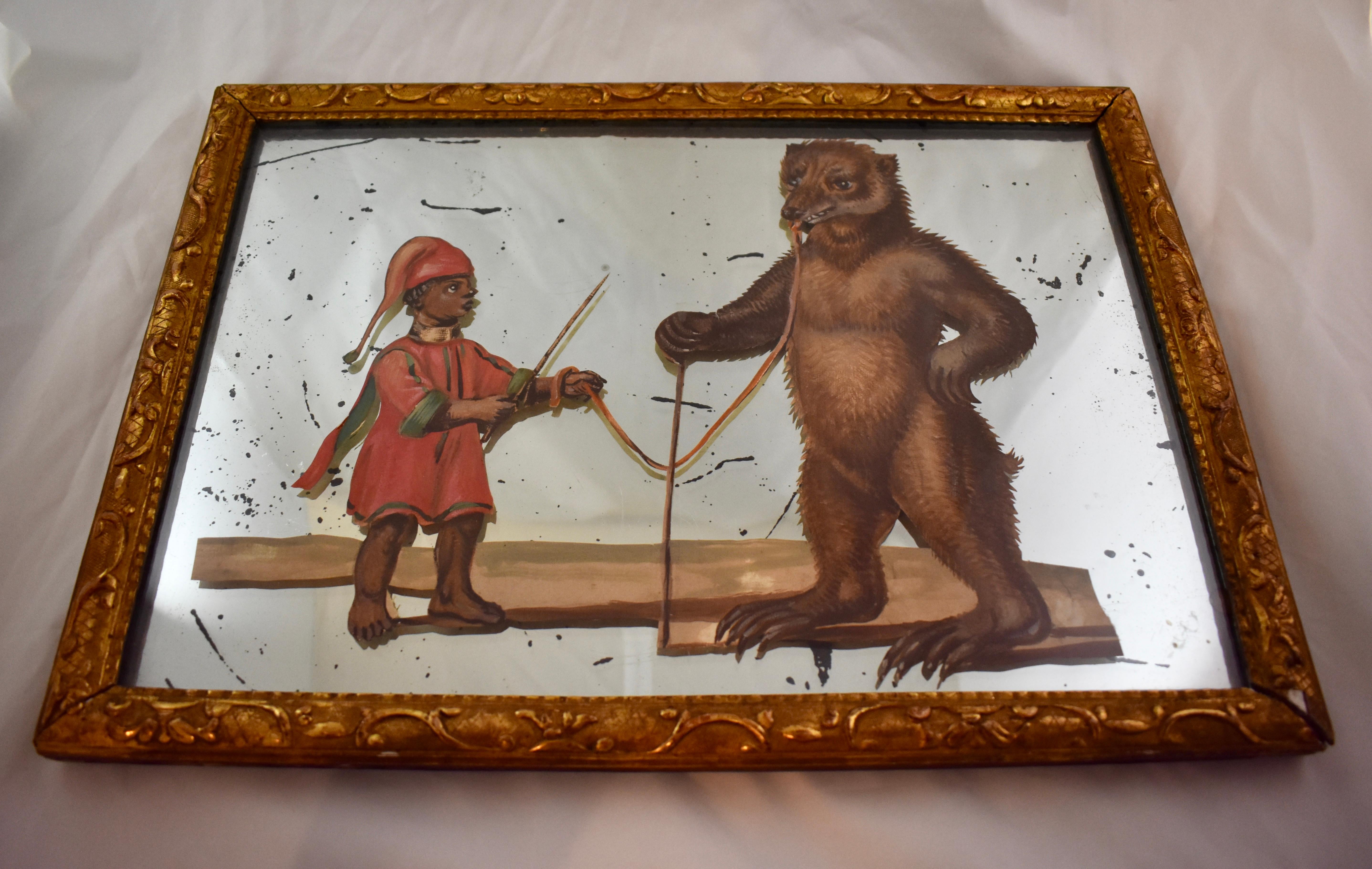 19th Century French Exotic Rococo Mirror Hand Painted Decoupage Boy with Bear In Good Condition For Sale In Philadelphia, PA