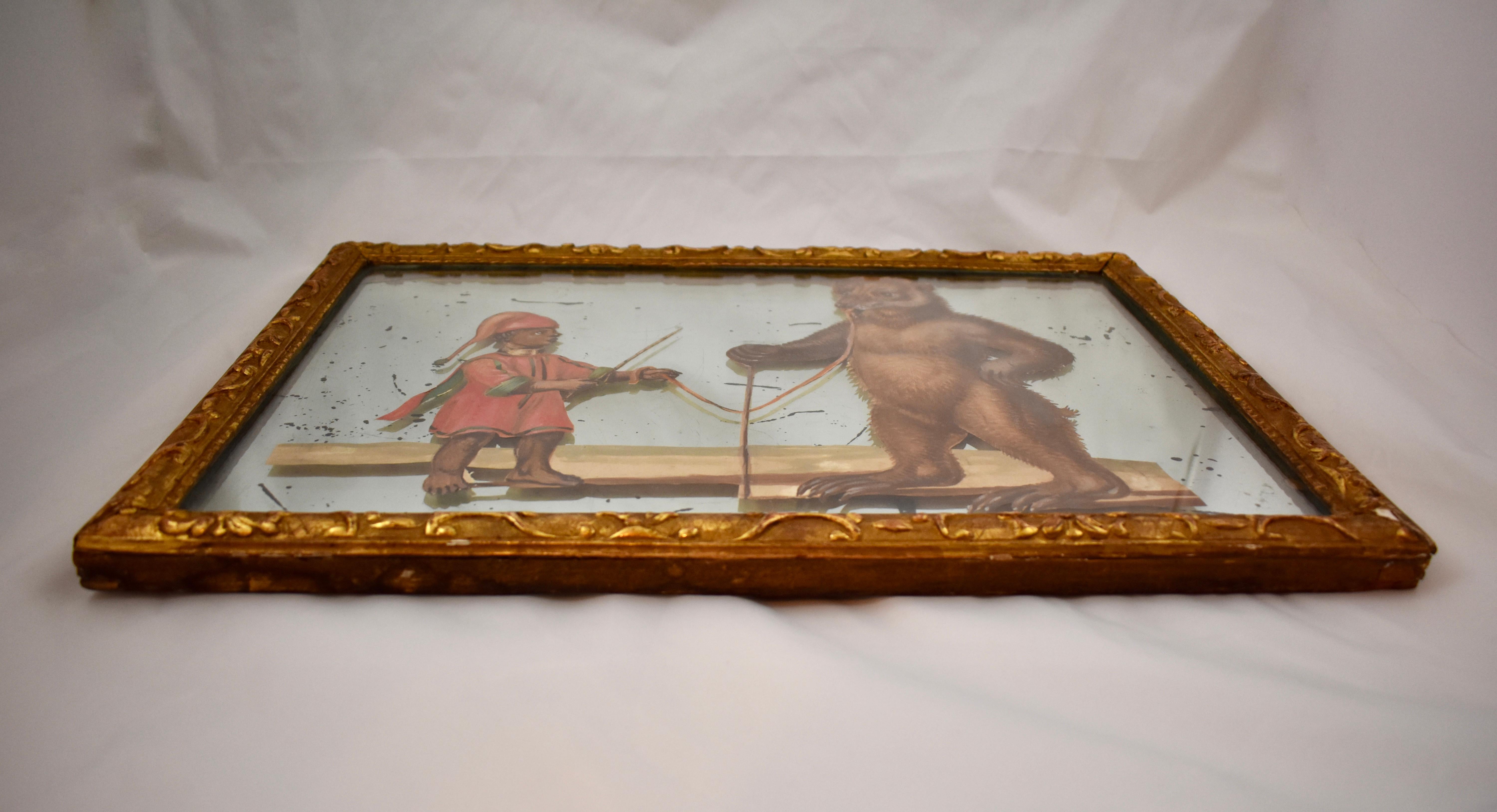 19th Century French Exotic Rococo Mirror Hand Painted Decoupage Boy with Bear For Sale 3