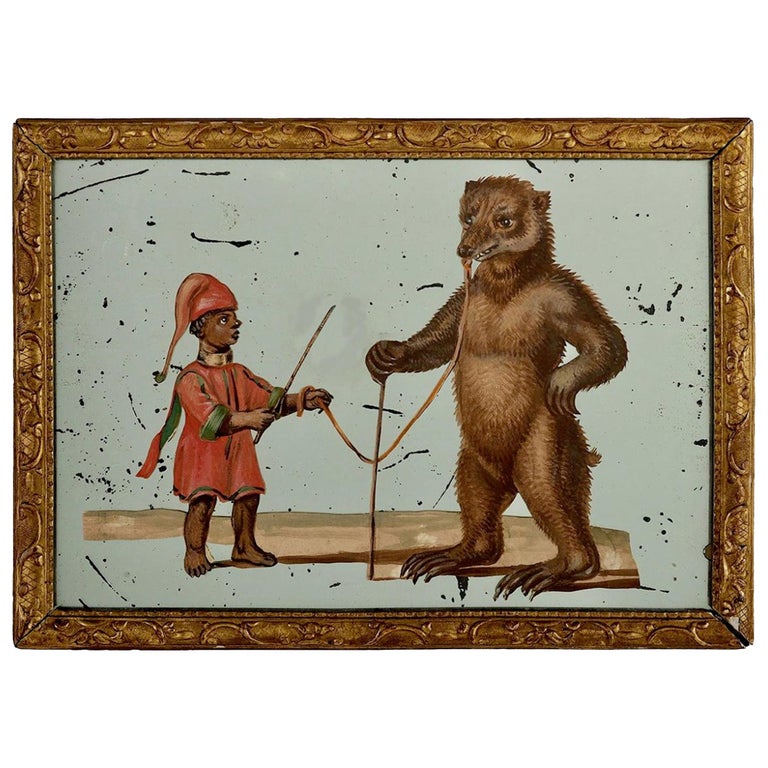 19th Century French Exotic Rococo Mirror Hand Painted Decoupage Boy with Bear For Sale