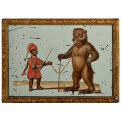 Antique 19th Century French Exotic Hand Painted Decoupage Mirror, Animal Trainer & Bear