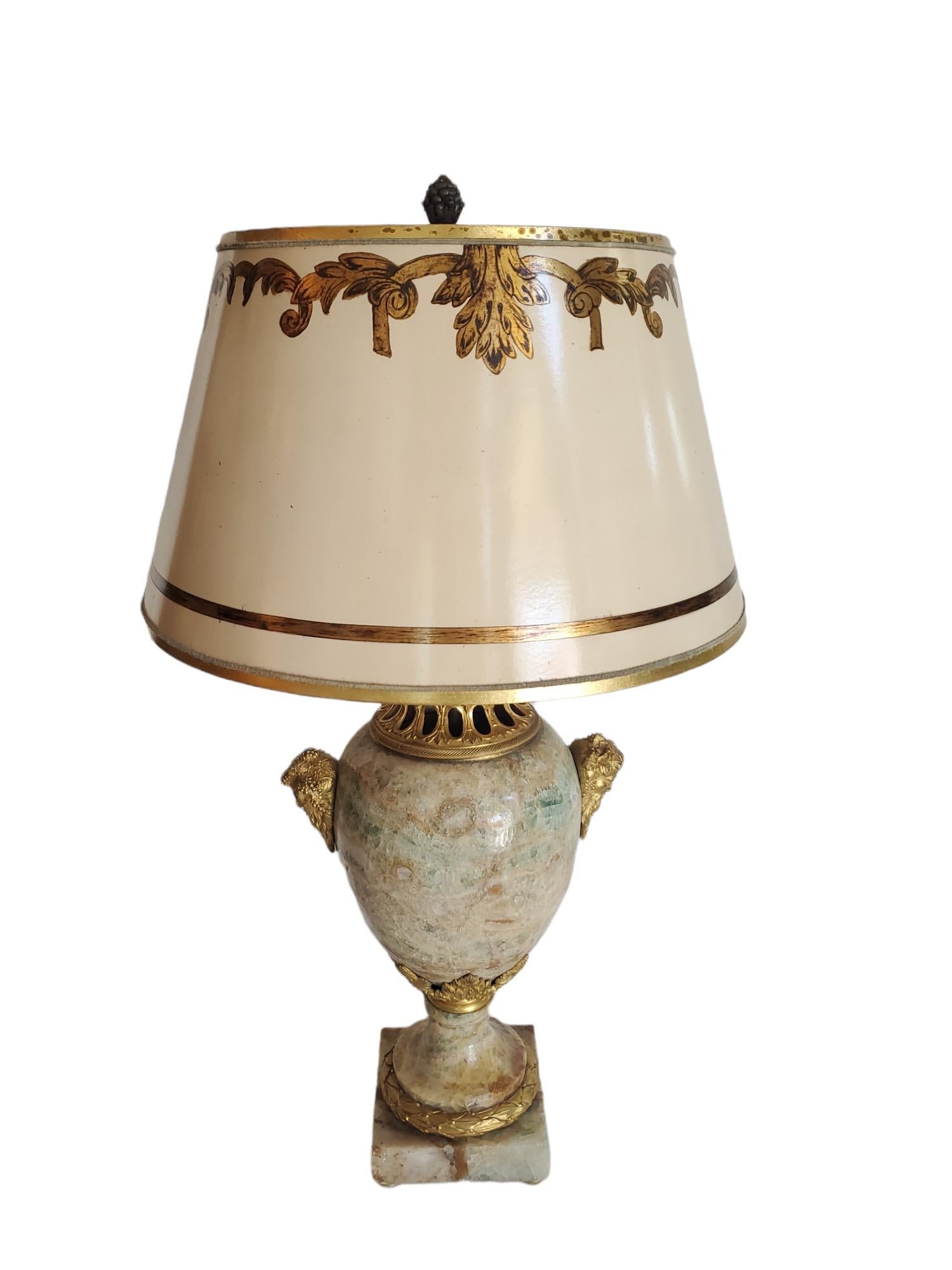The marble is possibly Blue John stone. Lamp was originally purchased at Sotheby's in New York City. The overall body width is 9