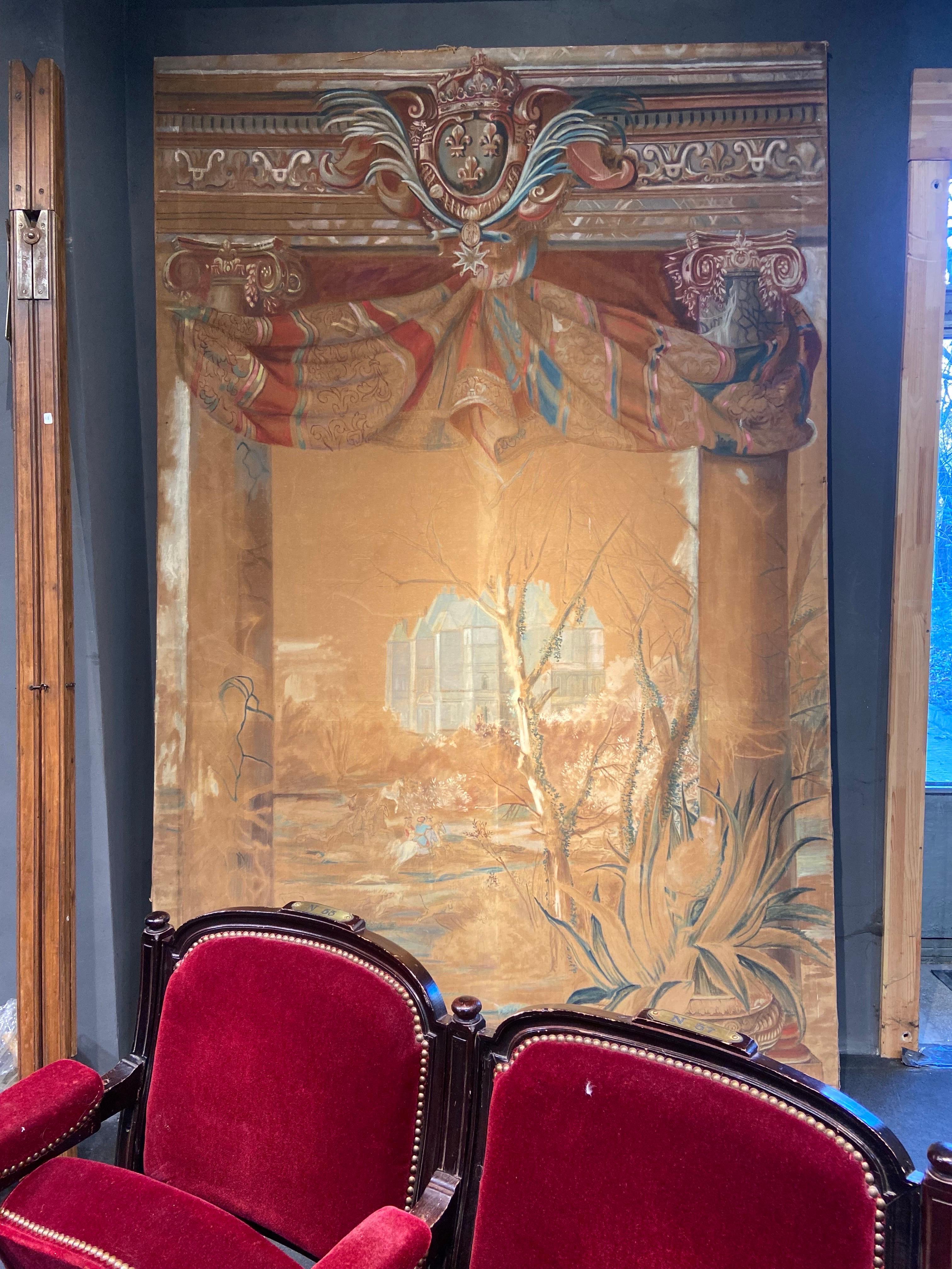 19th Century, French, Extra Large Hand Painted Textile Theater Decoration  For Sale 1