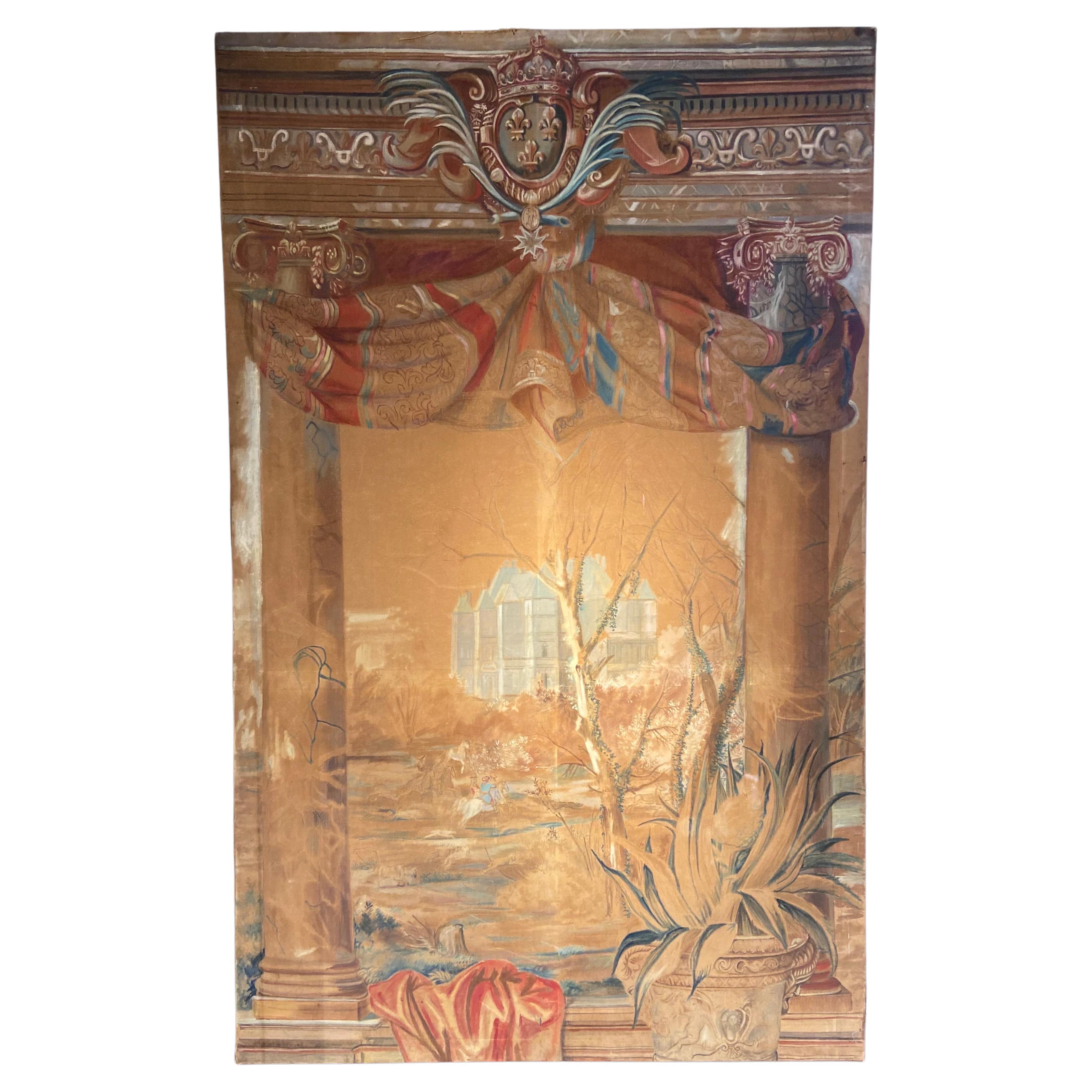 19th Century, French, Extra Large Hand Painted Textile Theater Decoration  For Sale