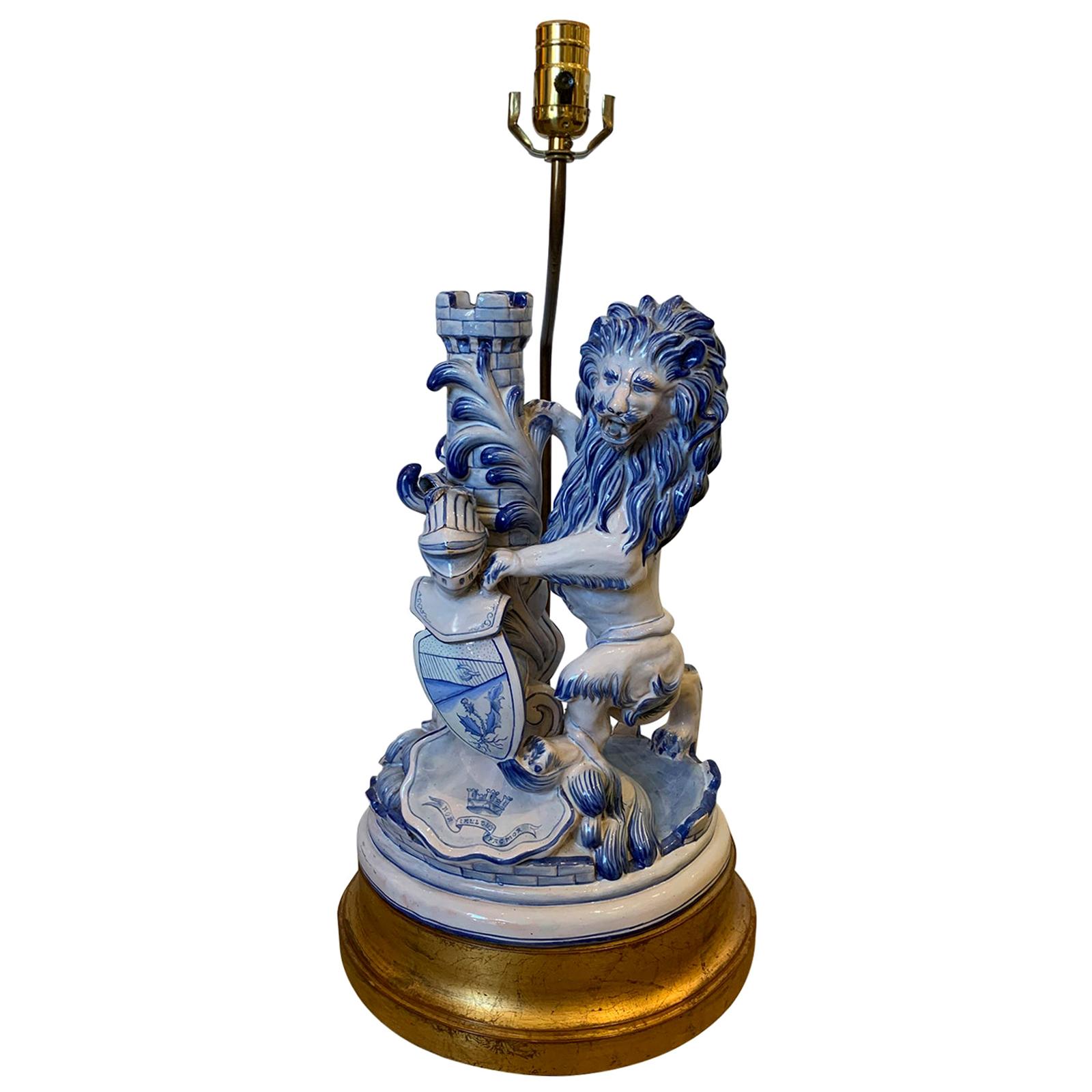 19th Century French Faience Blue and White Lion Lamp by Saint Clement, Signed For Sale