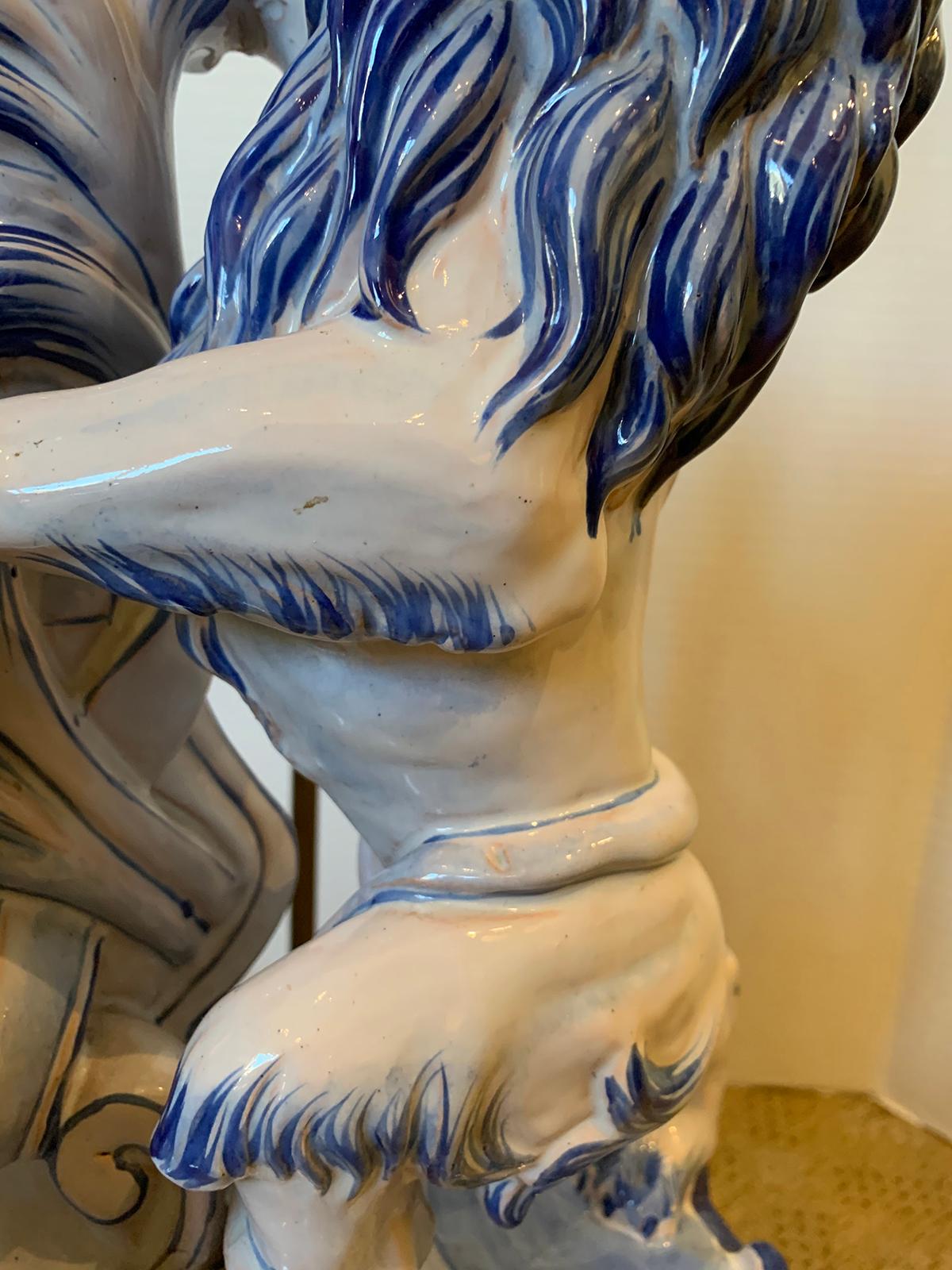 19th Century French Faience Blue and White Lion Lamp by Saint Clement, Signed For Sale 6