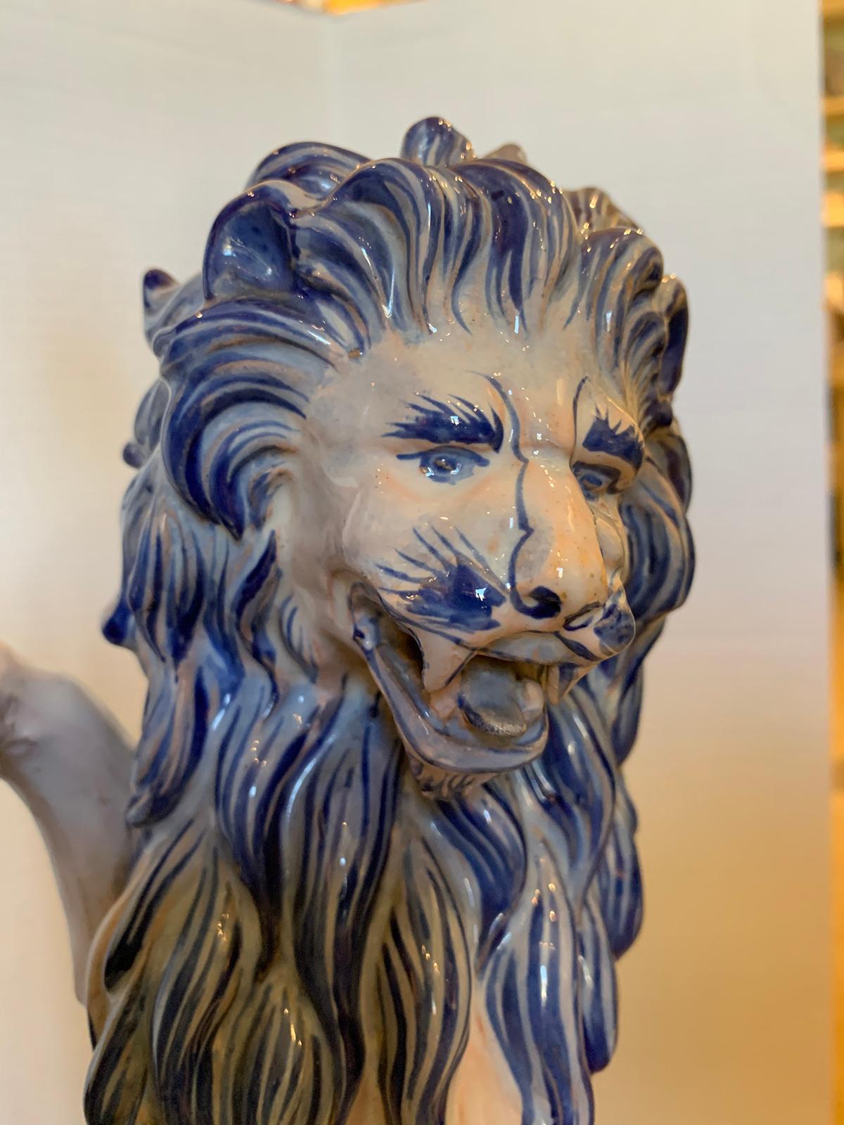 19th Century French Faience Blue and White Lion Lamp by Saint Clement, Signed For Sale 7