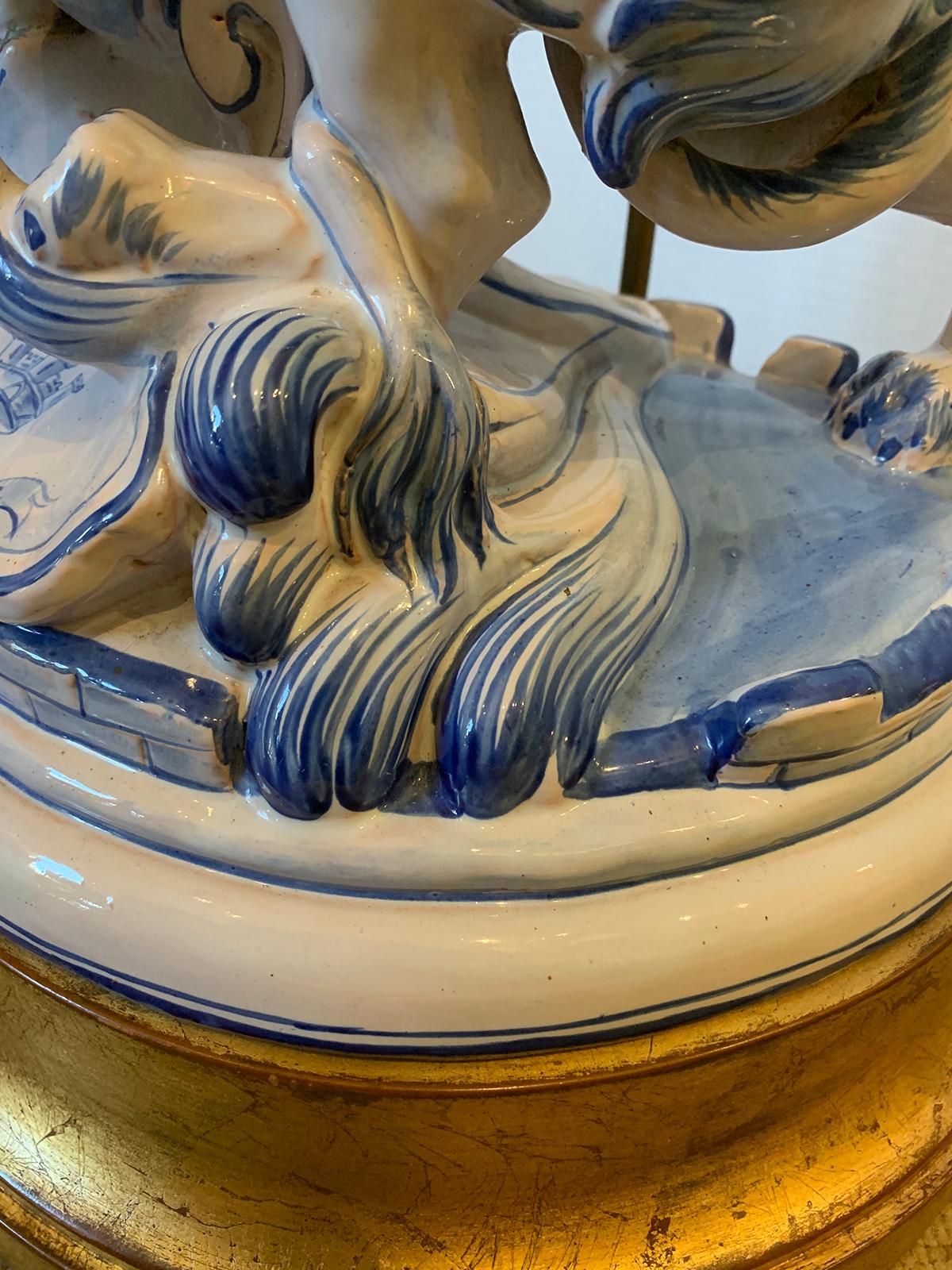 19th Century French Faience Blue and White Lion Lamp by Saint Clement, Signed For Sale 8